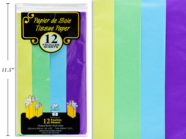 12 Sheets of Tissue Paper - Purple, Baby Blue, Green and Yellow 20x20in