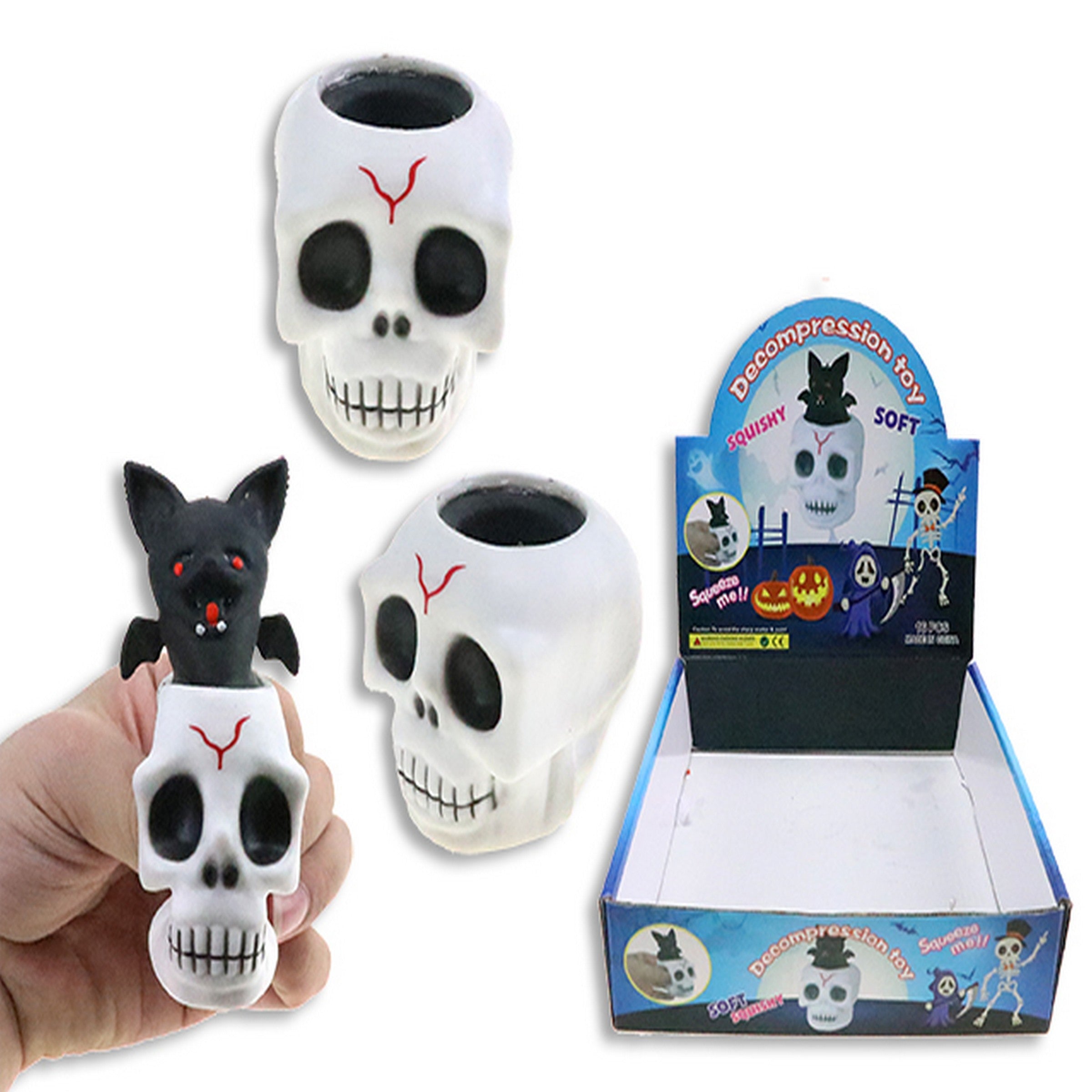 Halloween TPR Squishy Skull with Pop-Out Bat 2.1in