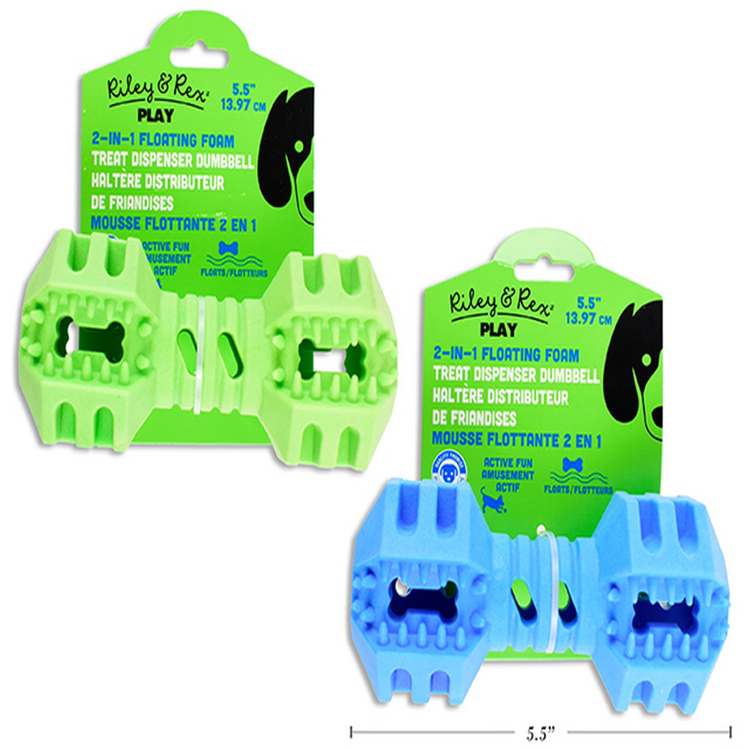 Riley & Rex Play 2-in-1 Foam TPR Floating Treat Dispenser Dumbbell Dog Toy 5.5x2.5in VRT