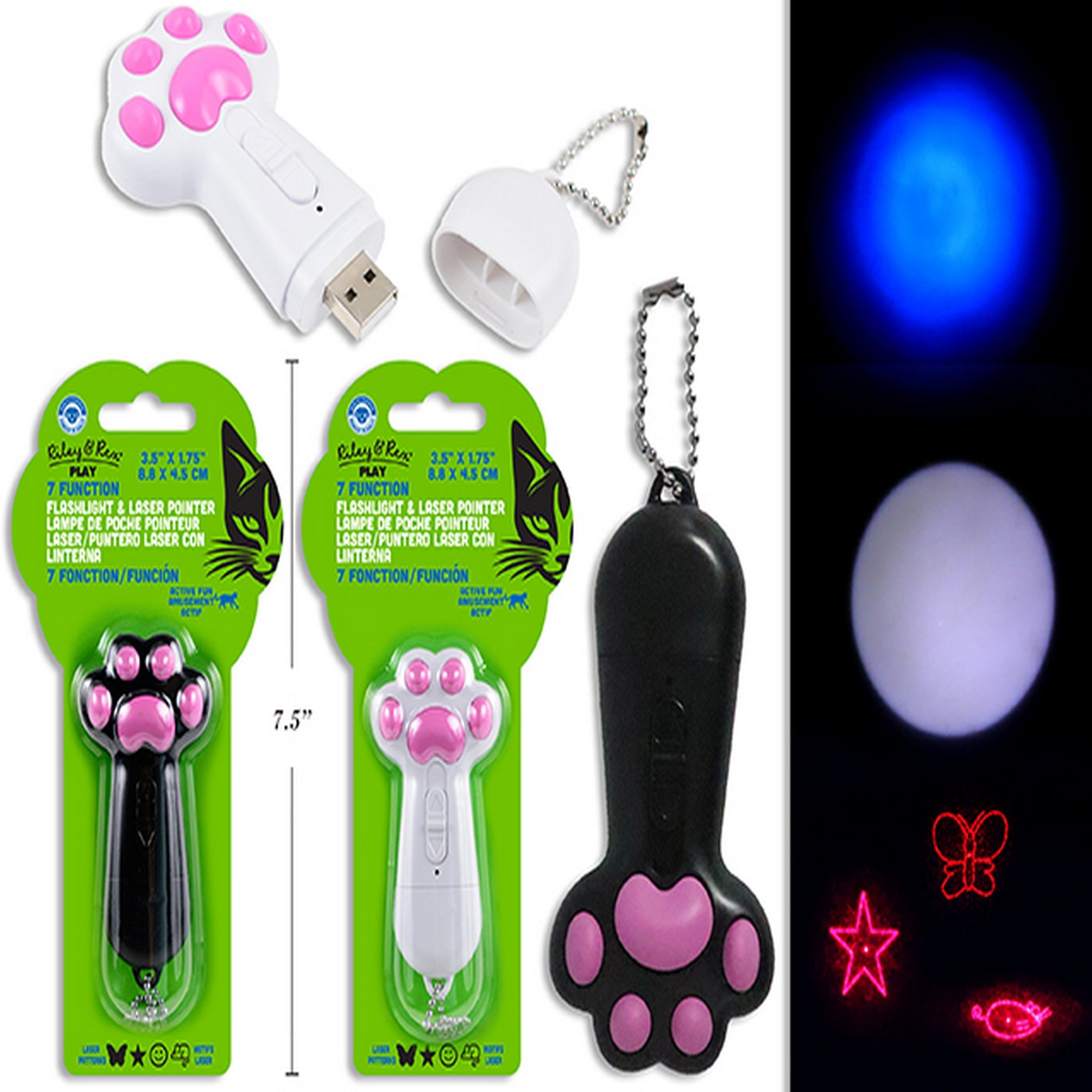 Riley & Rex Play 7-in-1 USB Rechargeable Paw Shaped Laser Pointer / Flashlight 3.5x1.75in VRT