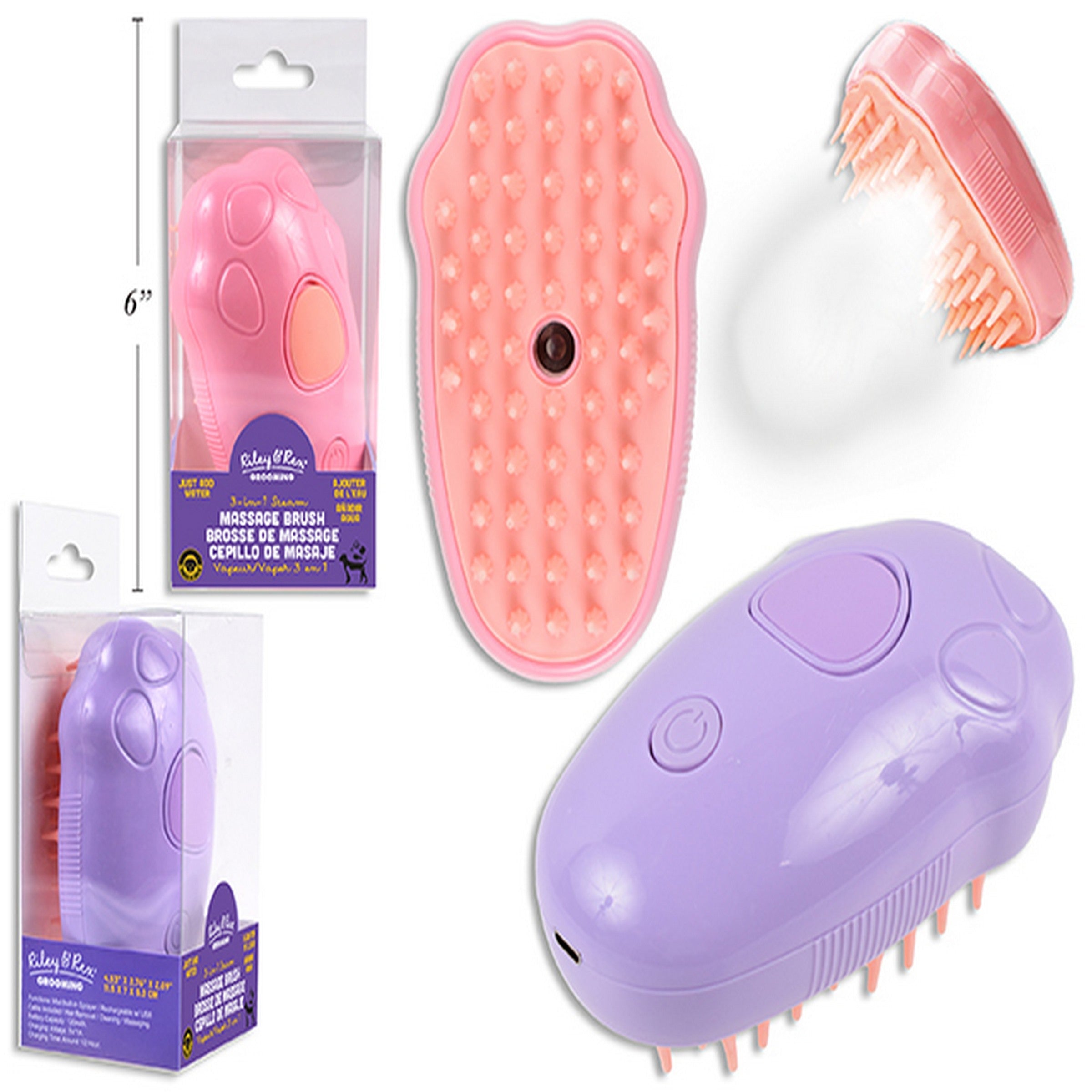 Riley & Rex Grooming 3-in-1 USB Silicone Pet Steamy Spray Massage Brush 4.5x2.5x2in VRT