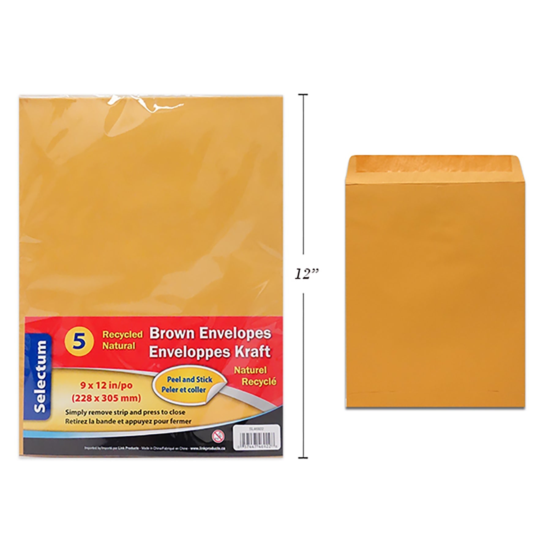 Selectum 5 Envelopes Peel and Stick Kraft 9x12in