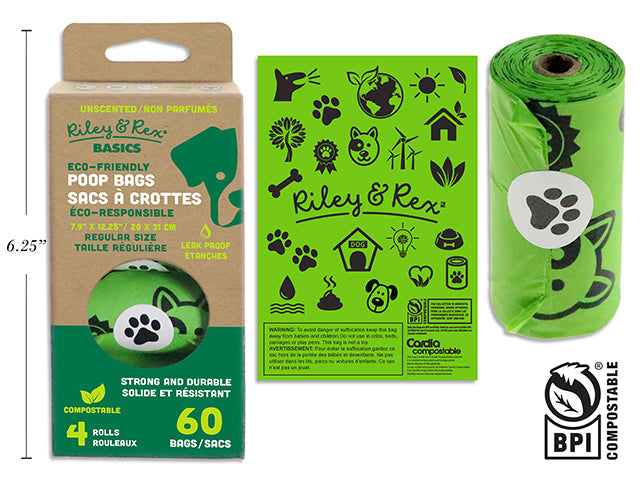 Riley & Rex Basics 60 Compostable Dog Poop Bags - Eco-friendly 7.9x12.25in