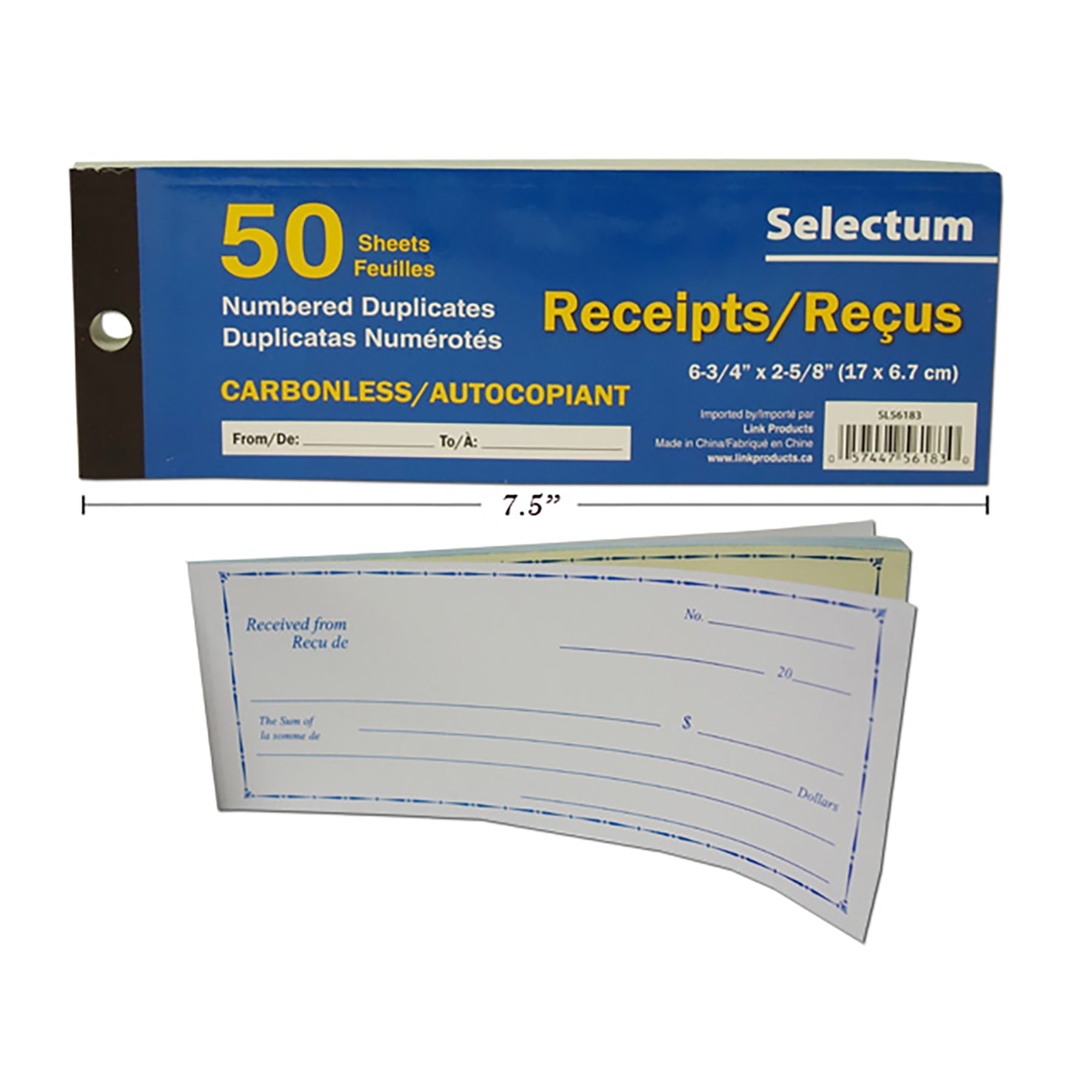 Selectum Receipt Book Carbonless 50 Sheets 6.75x2.62in