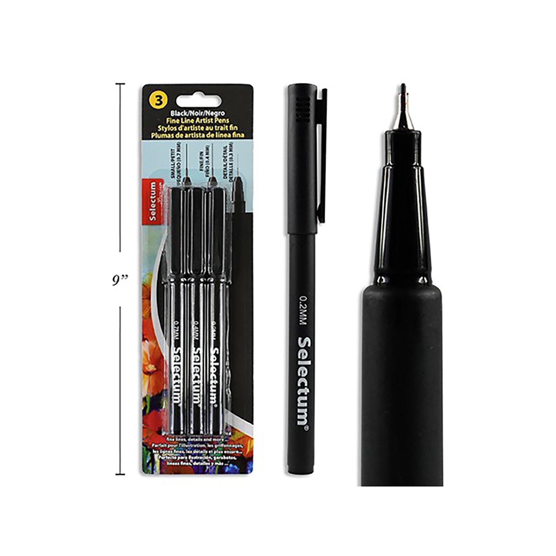 Selectum 3 Fineline Artist Pens - Black Ink 0.2mm - 0.4mm - 0.7mm
