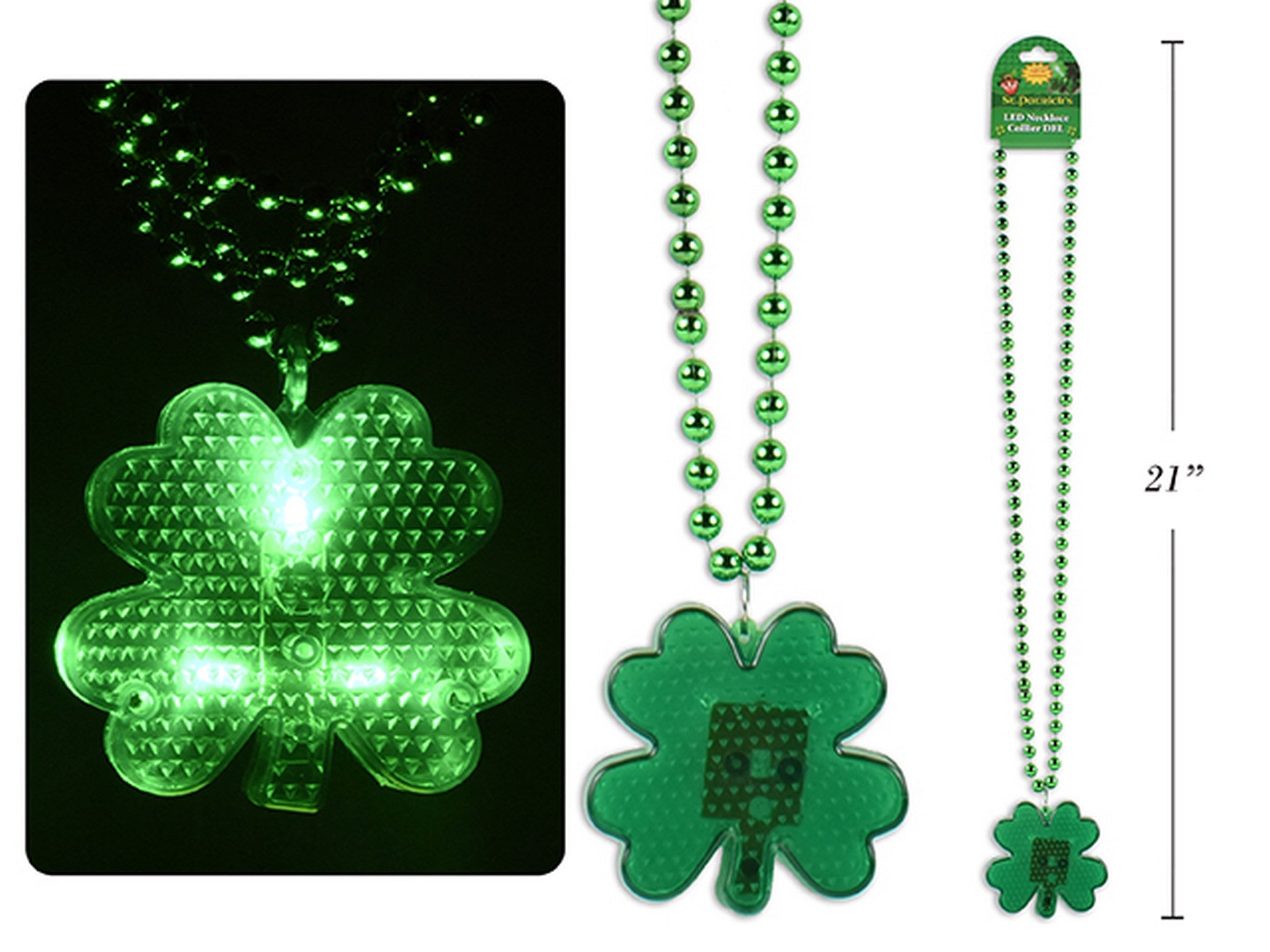 St-Patrick 3-Led Shamrock Beaded Necklace 30in - Pendant 2.8x2.75in