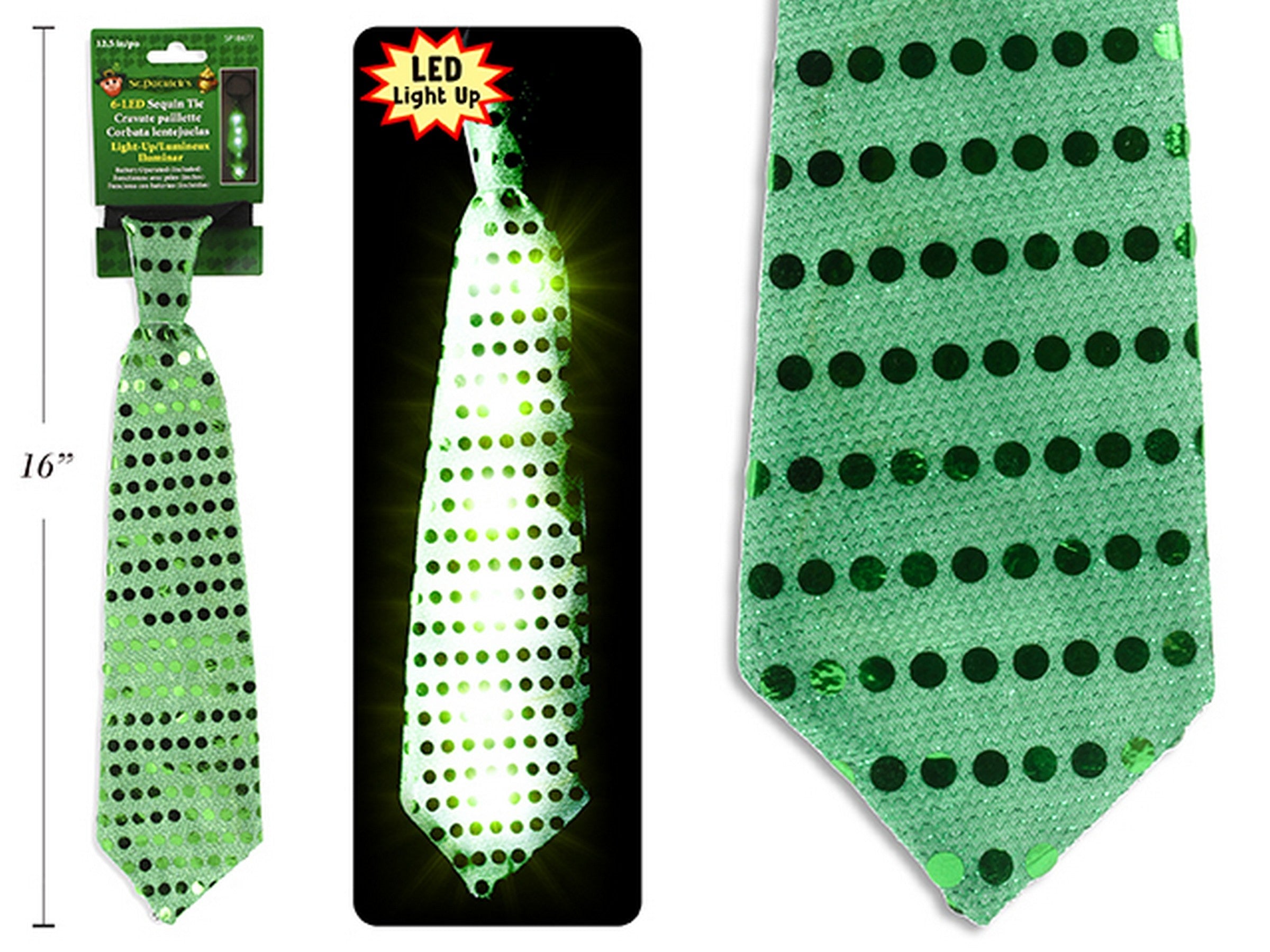 St-Patrick 6-Led Green Sequin Tie 12.5in