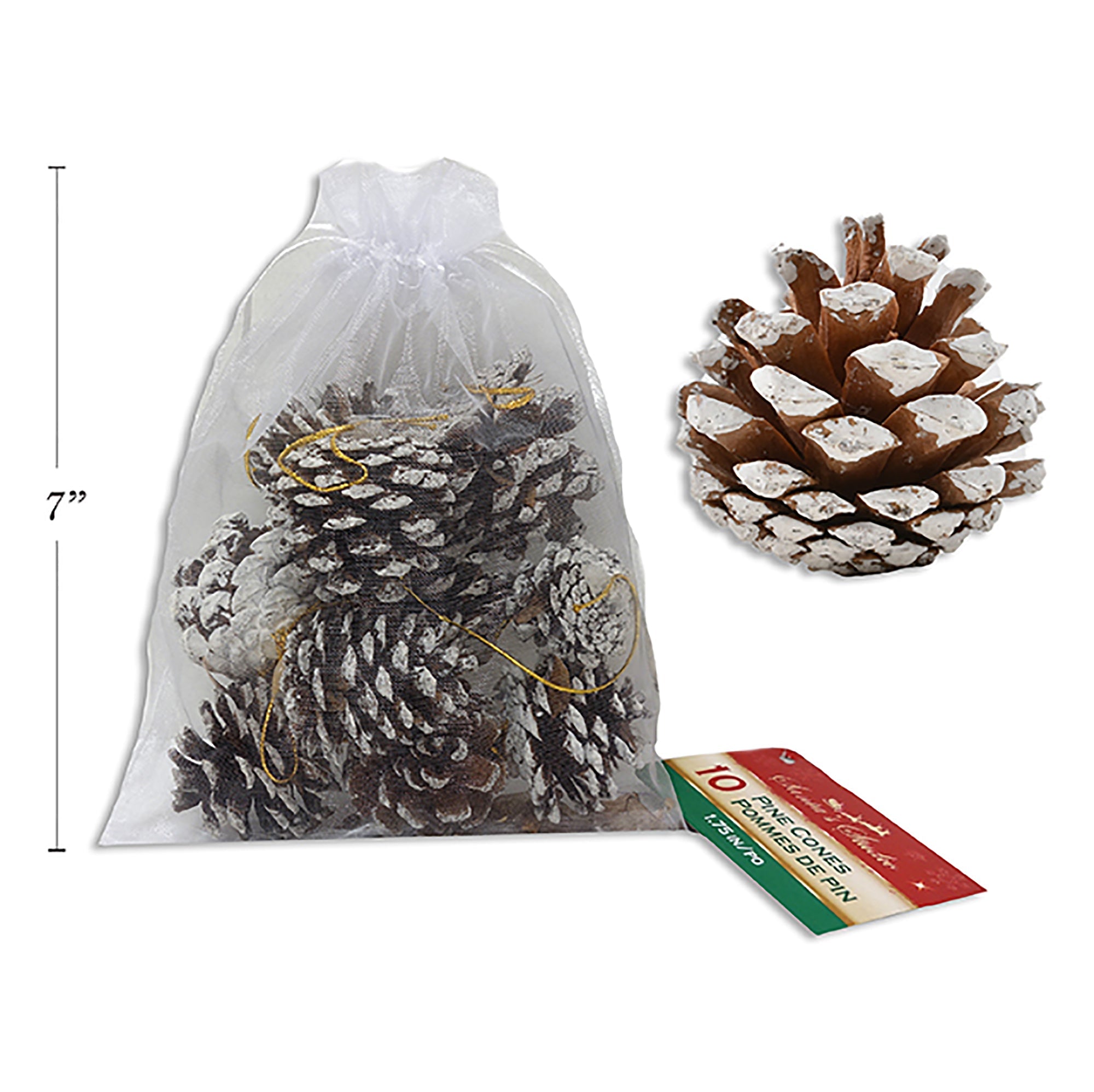 Christmas 10 Snow Dusted Pinecones in Organza Drawstring Bag 1.75in