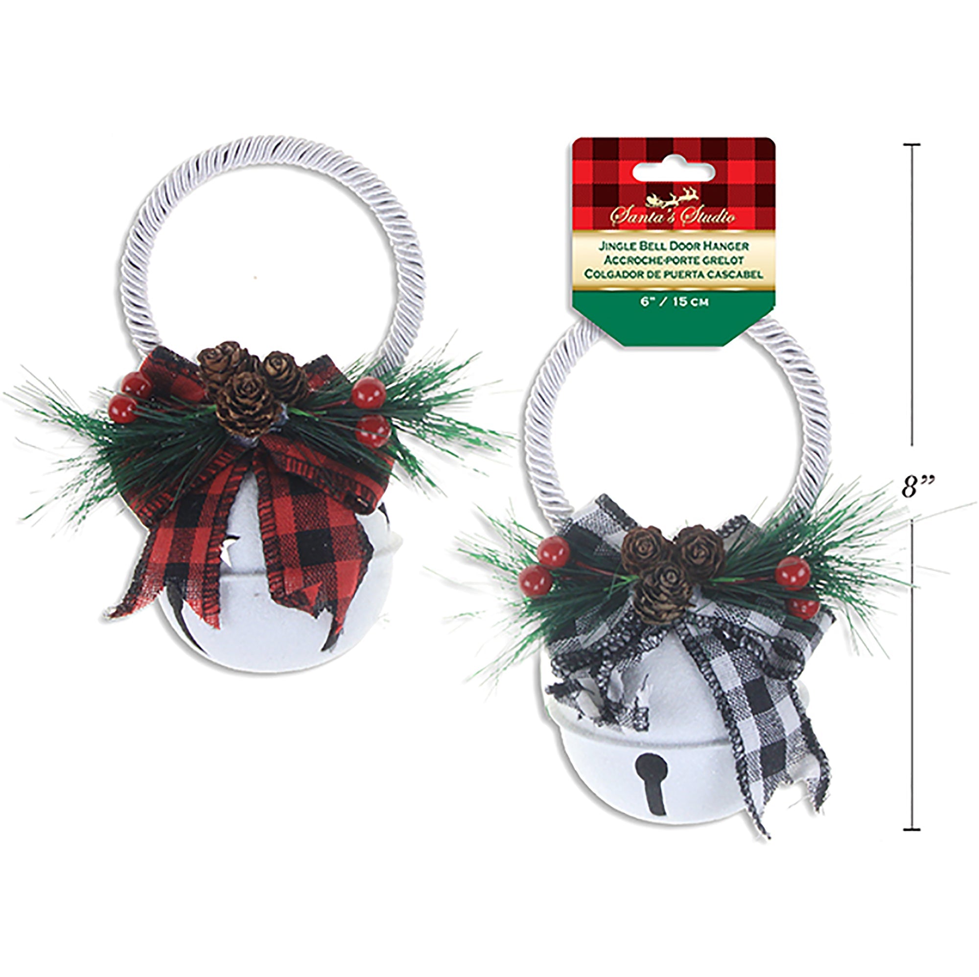 Christmas Glitter White Door Knob Hanger with Buffalo Plaid Bow + Pine with Holly Berries 6in