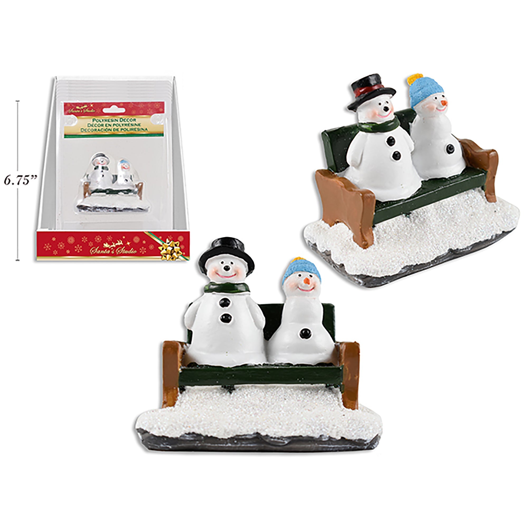 Christmas Polyresin Snowman on Park Bench Figurine with Glitter Base 3.25x2.87in
