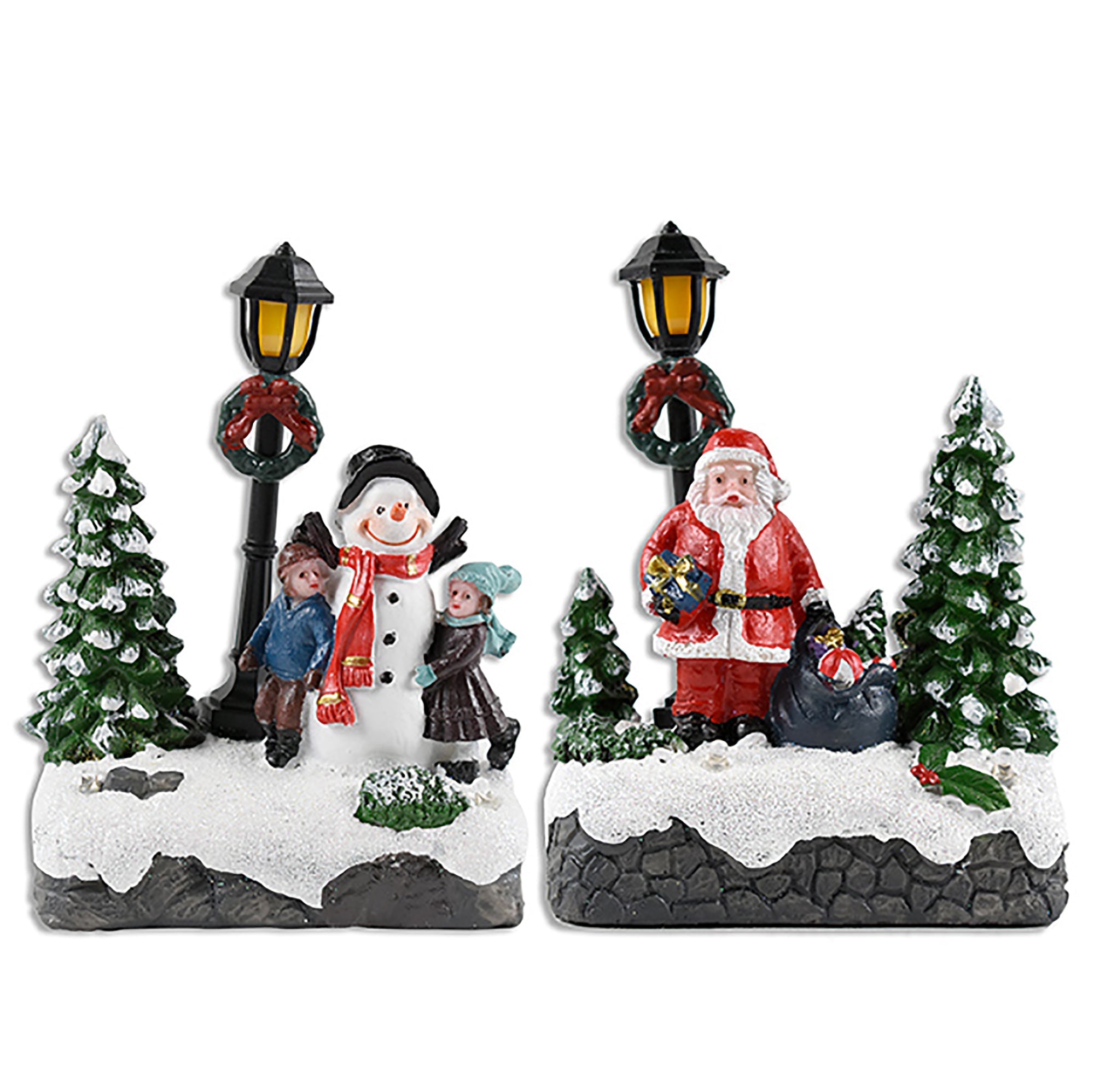 Christmas LED Glitter Polyresin Outdoor Scene with Tree and Lamp Figurine 4.87in VRT