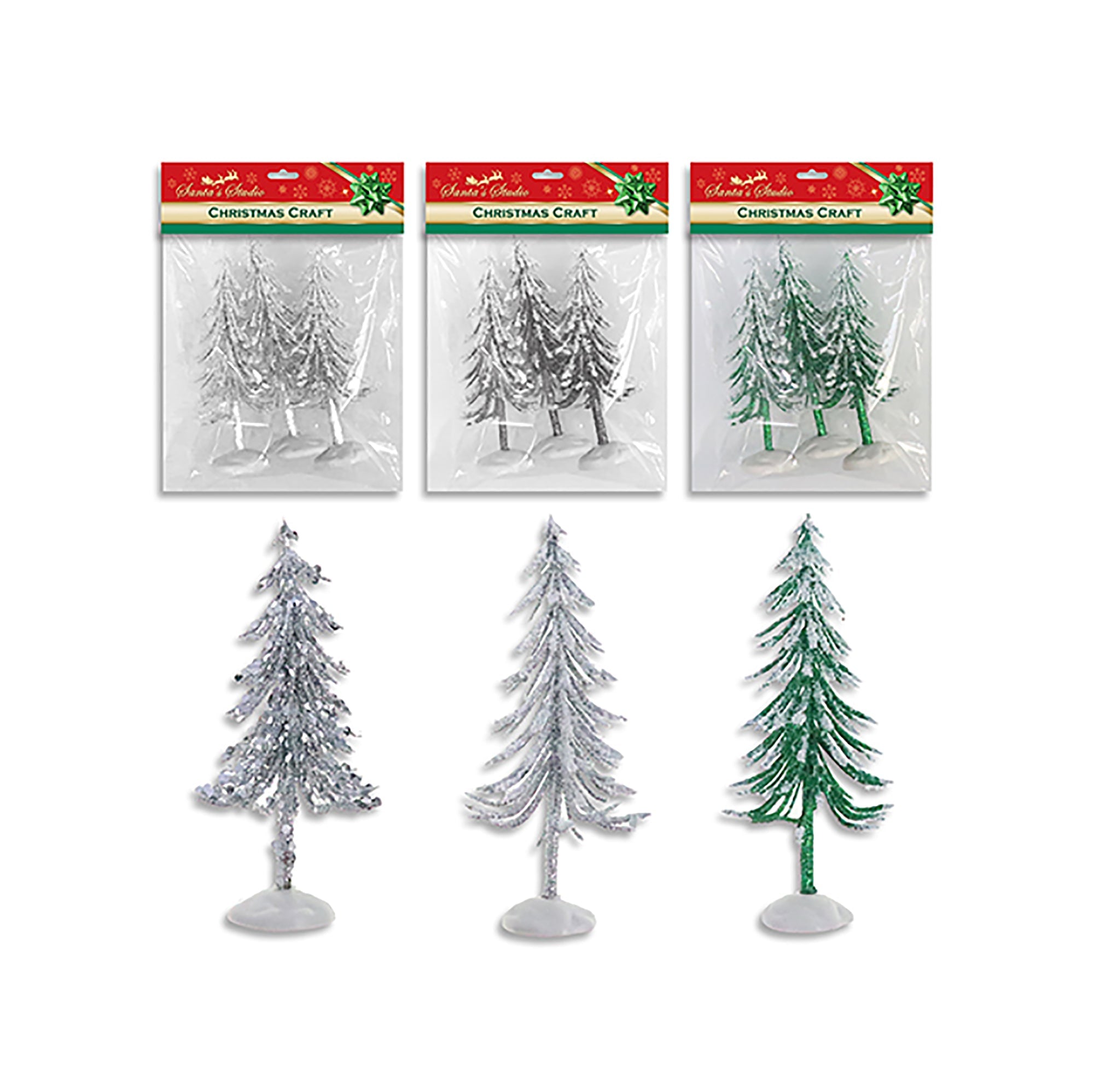 Christmas 3pcs Tree Tabletop Decor Figurine with Plastic Stand 4.45in VRT