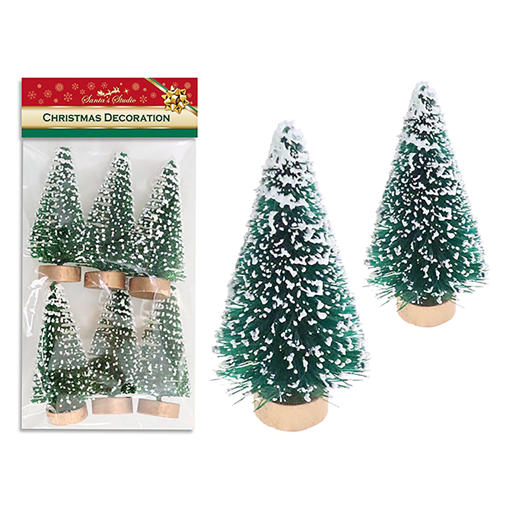 Christmas 6 Brush Tree Figurine Snow Tipped Bottle with Wooden Base Assortment VRT