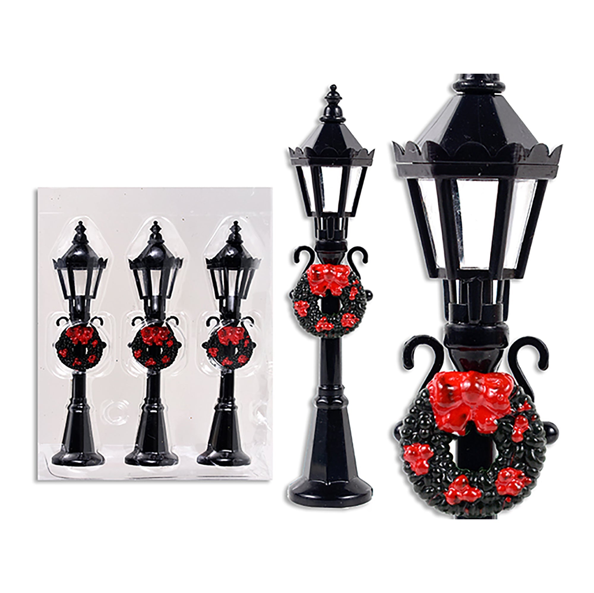 Christmas 6 Streetlight Figurine Plastic with Wreath Decoration 4.75x0.87in