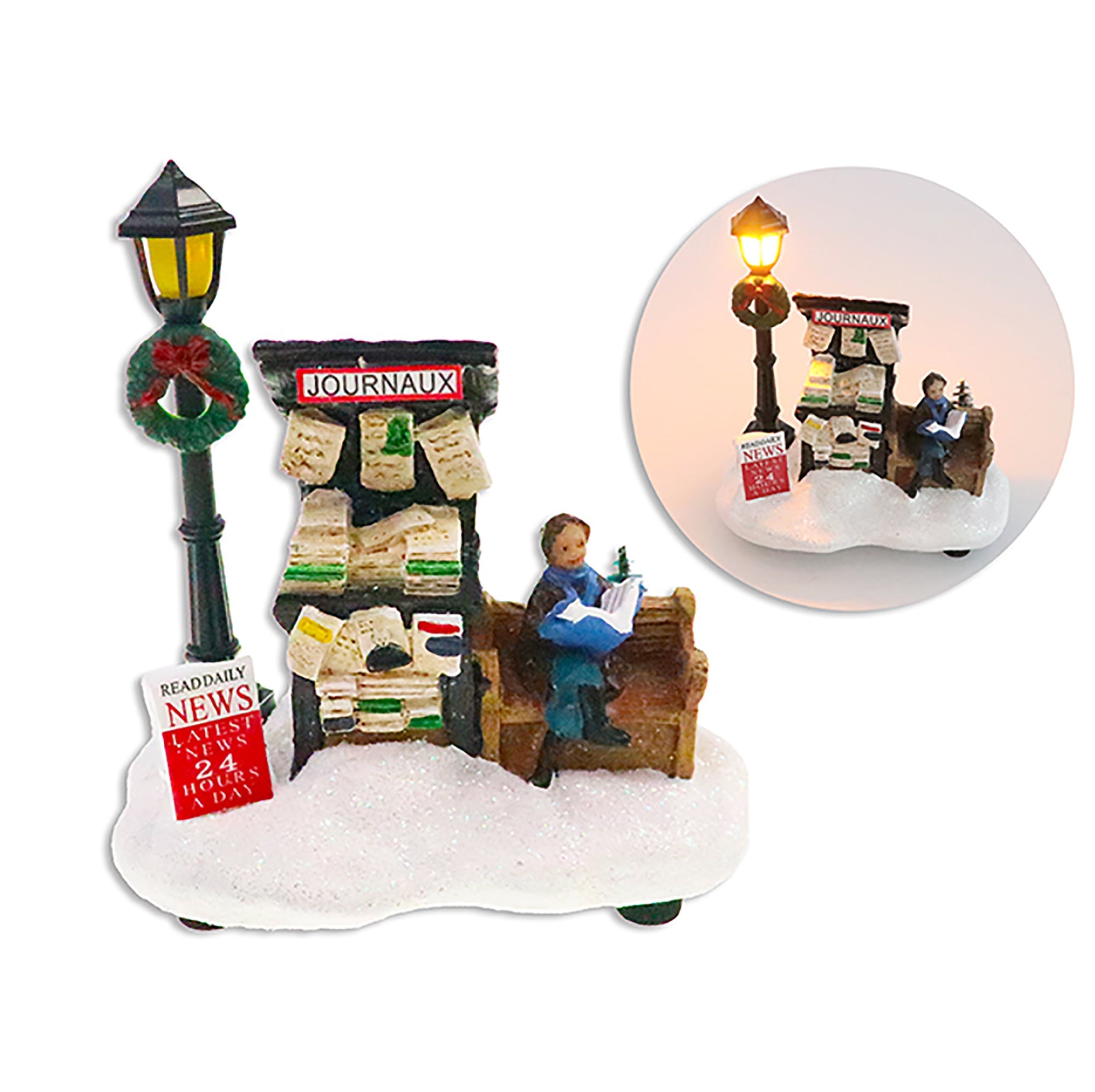 Christmas 1-LED Glitter Polyresin Bookstore Kiosk Scene Figurine 4.5x4.1in
