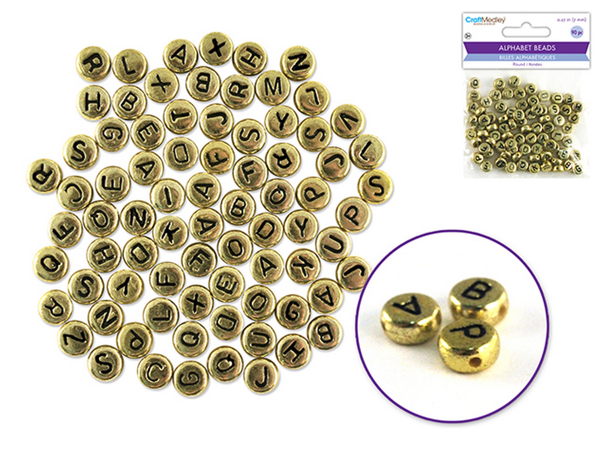 Accessoires Bijoux 90 Perles Alphabétiques Rondes Or Métallique avec Lettres Noires 0.27po