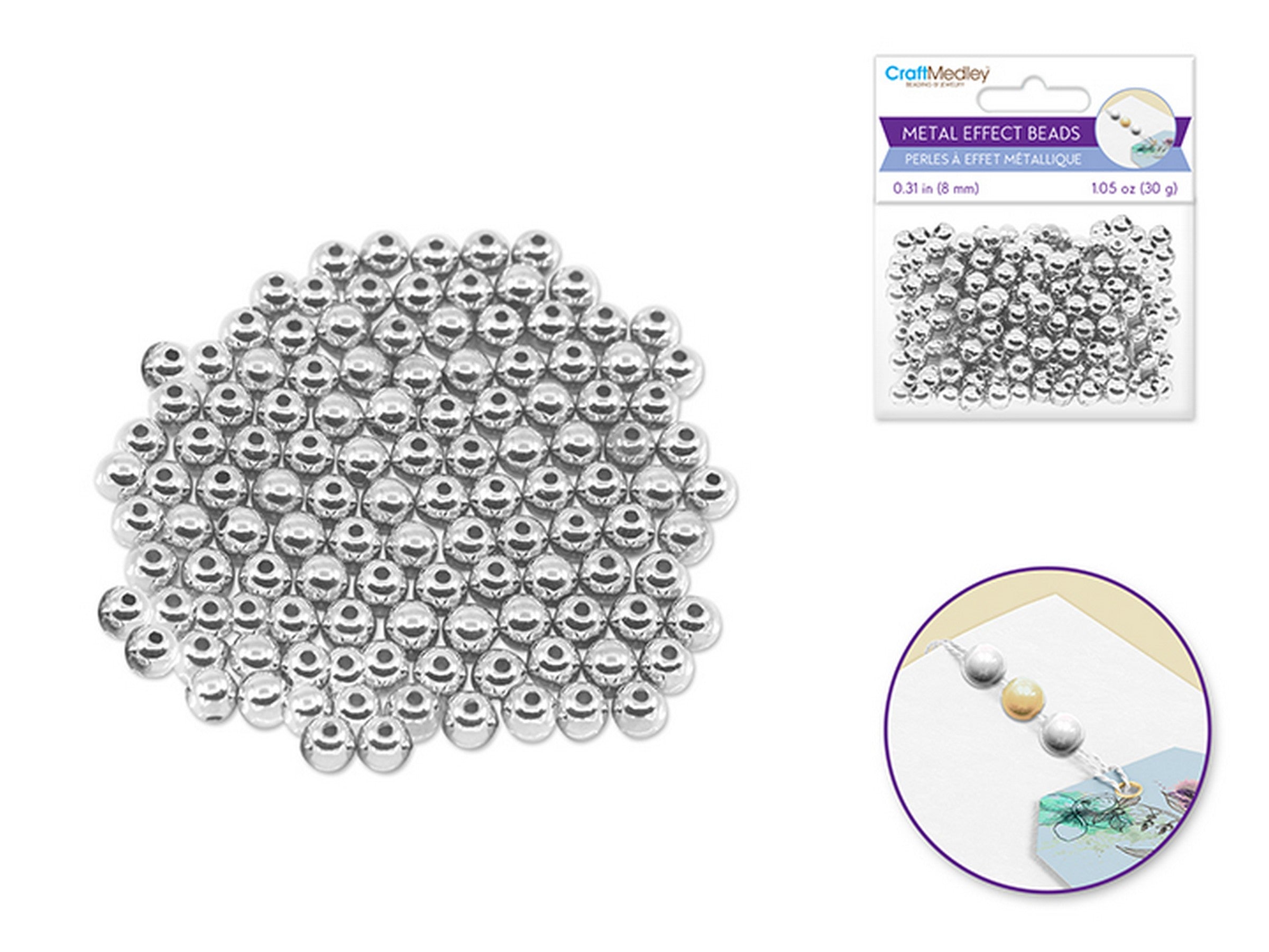 Accessoires Bijoux Perles Rondes à Effet Métal Lustré Argent 0.31po 30g