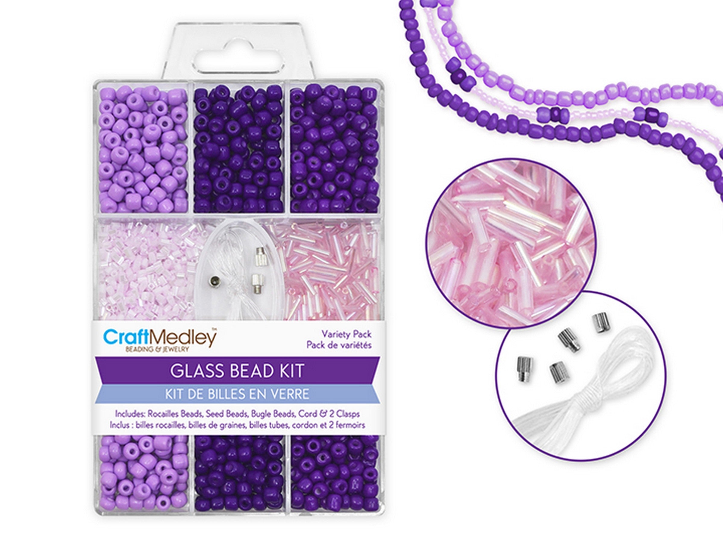 Beading and Jewelry Purple Glass Bead Kit - Rocailles/Seed/Bugles with Cord and Clasps 55g - 60g