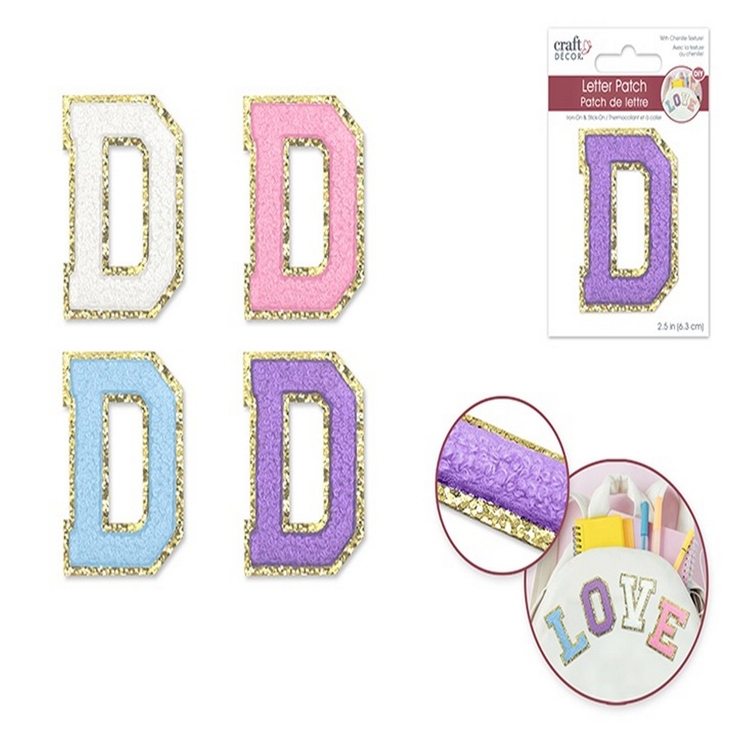 Craft Décor Iron-on 3D Chenille Letter D/Sticker Patch 2.5in VRT