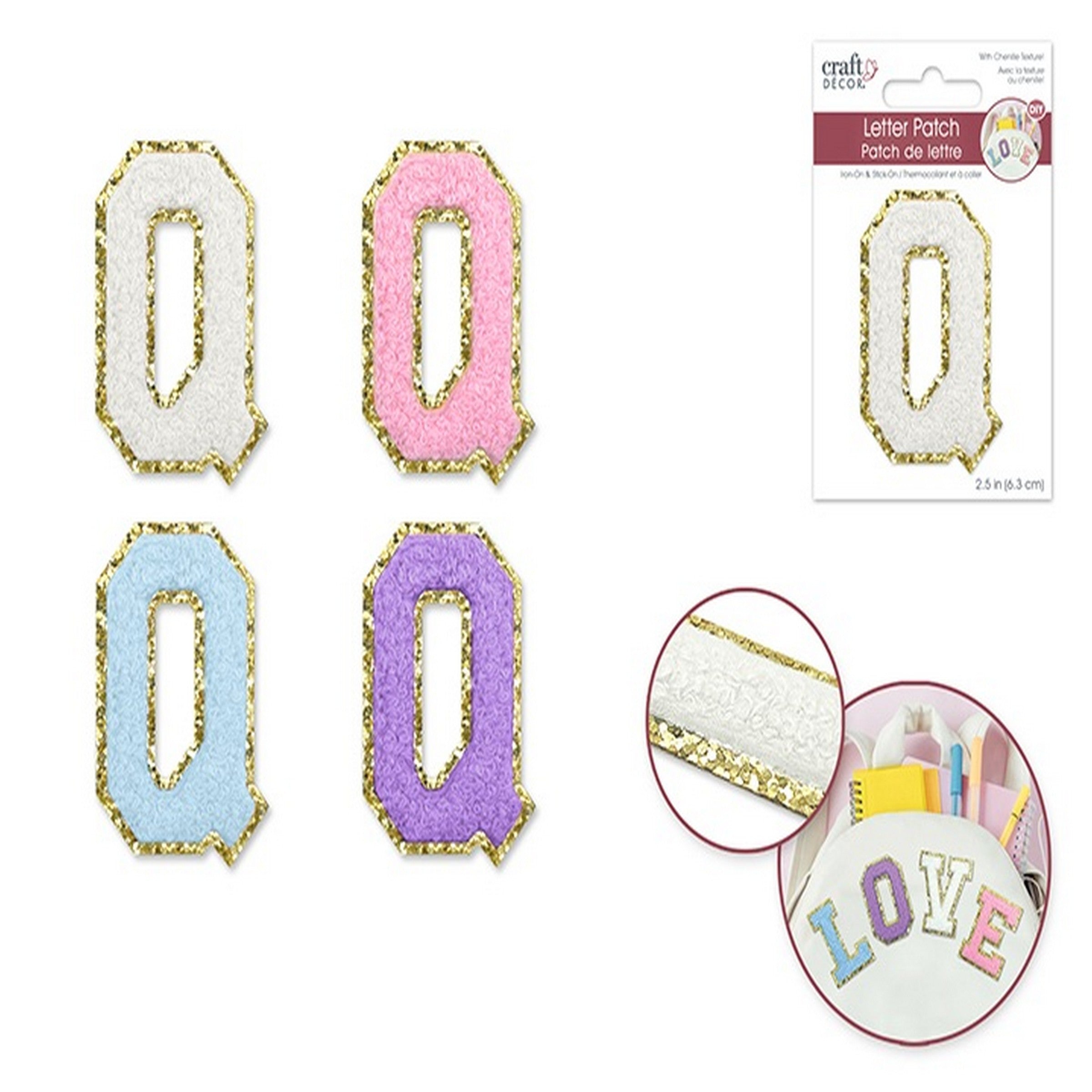 Craft Décor Iron-on 3D Chenille Letter Q/Sticker Patch 2.5in VRT