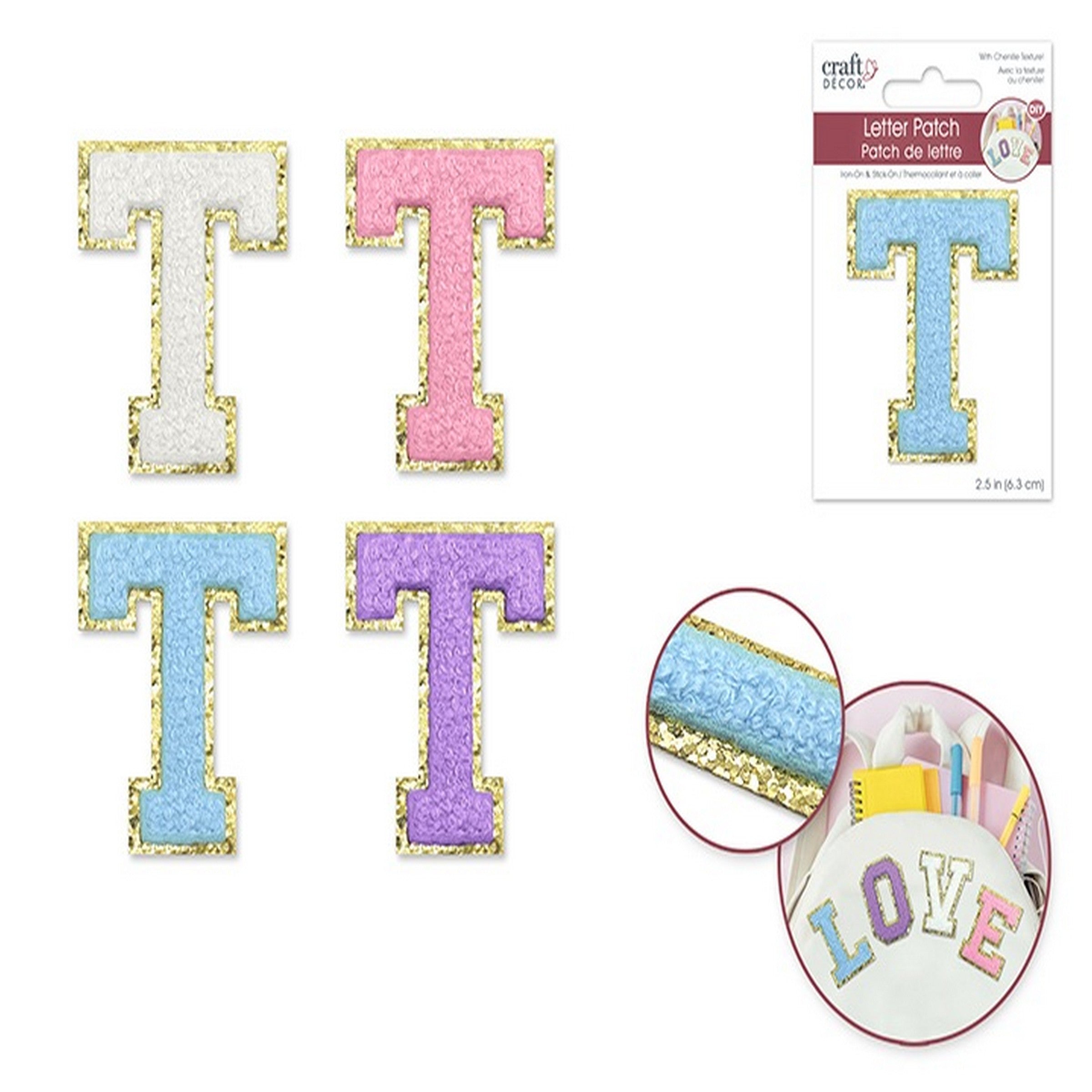 Craft Décor Iron-on 3D Chenille Letter T/Sticker Patch 2.5in VRT