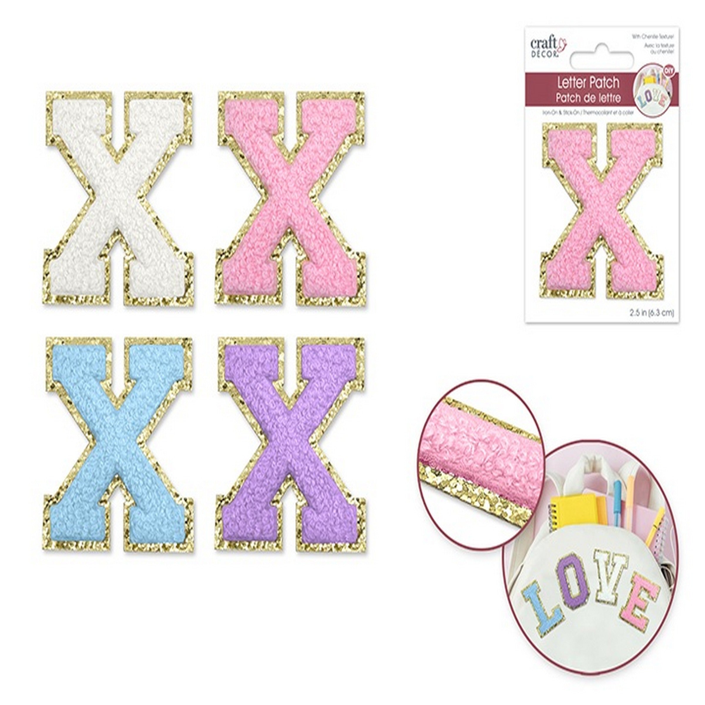 Craft Décor Iron-on 3D Chenille Letter X/Sticker Patch 2.5in VRT