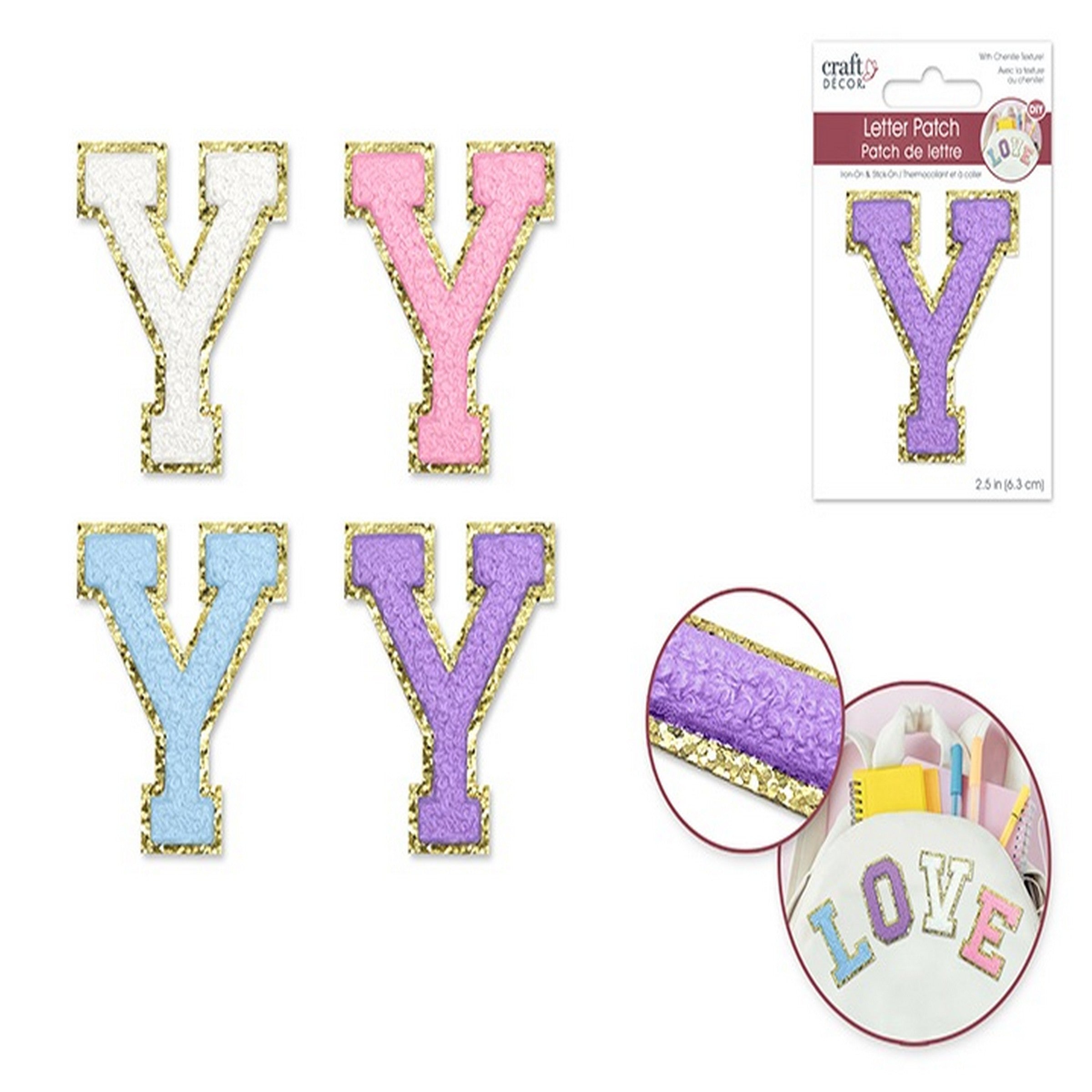 Craft Décor Iron-on 3D Chenille Letter Y/Sticker Patch 2.5in VRT