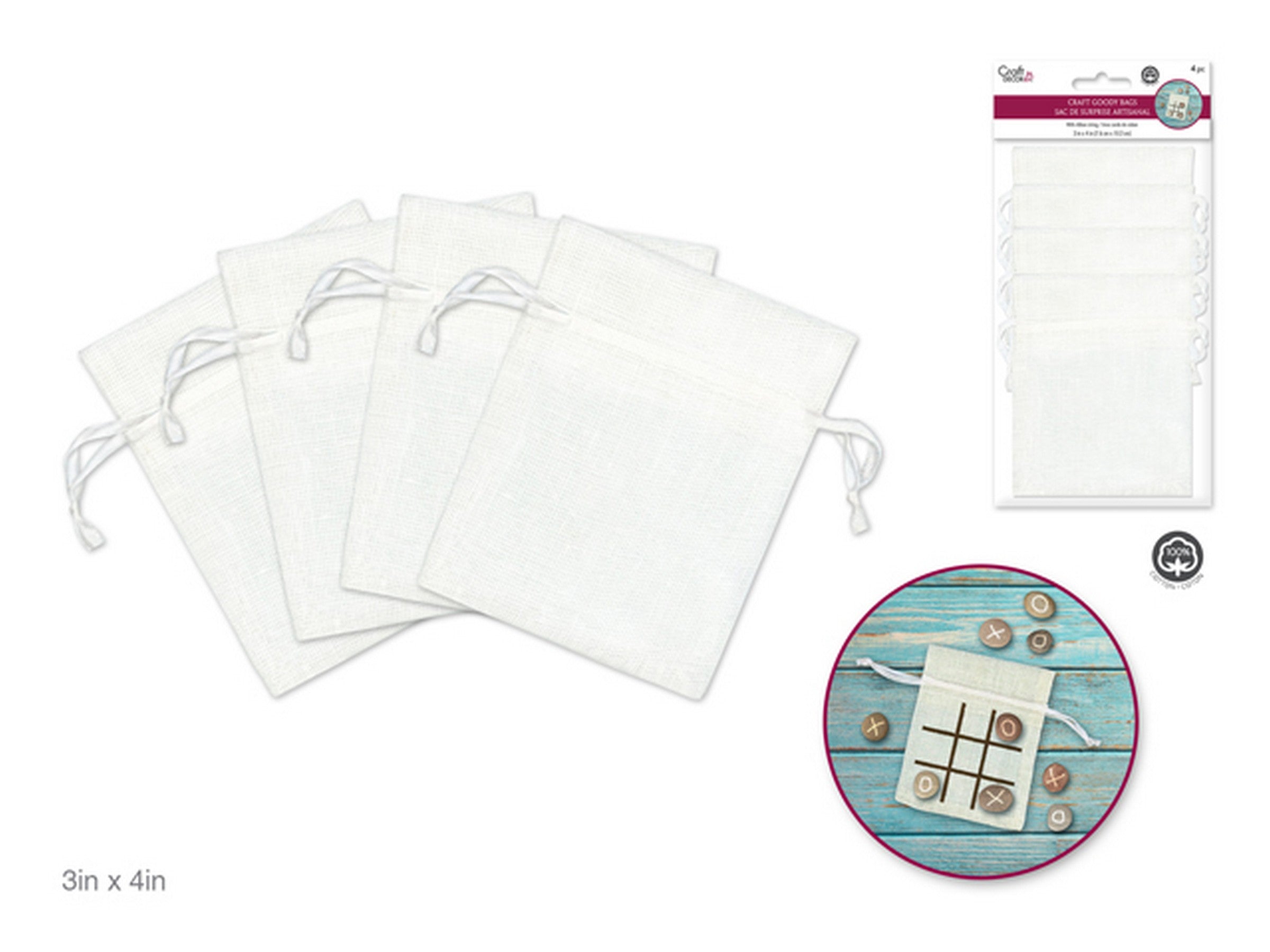 Craft Décor 4 Craft Goody White Cotton Bags with Ribbon Ties 3x4in