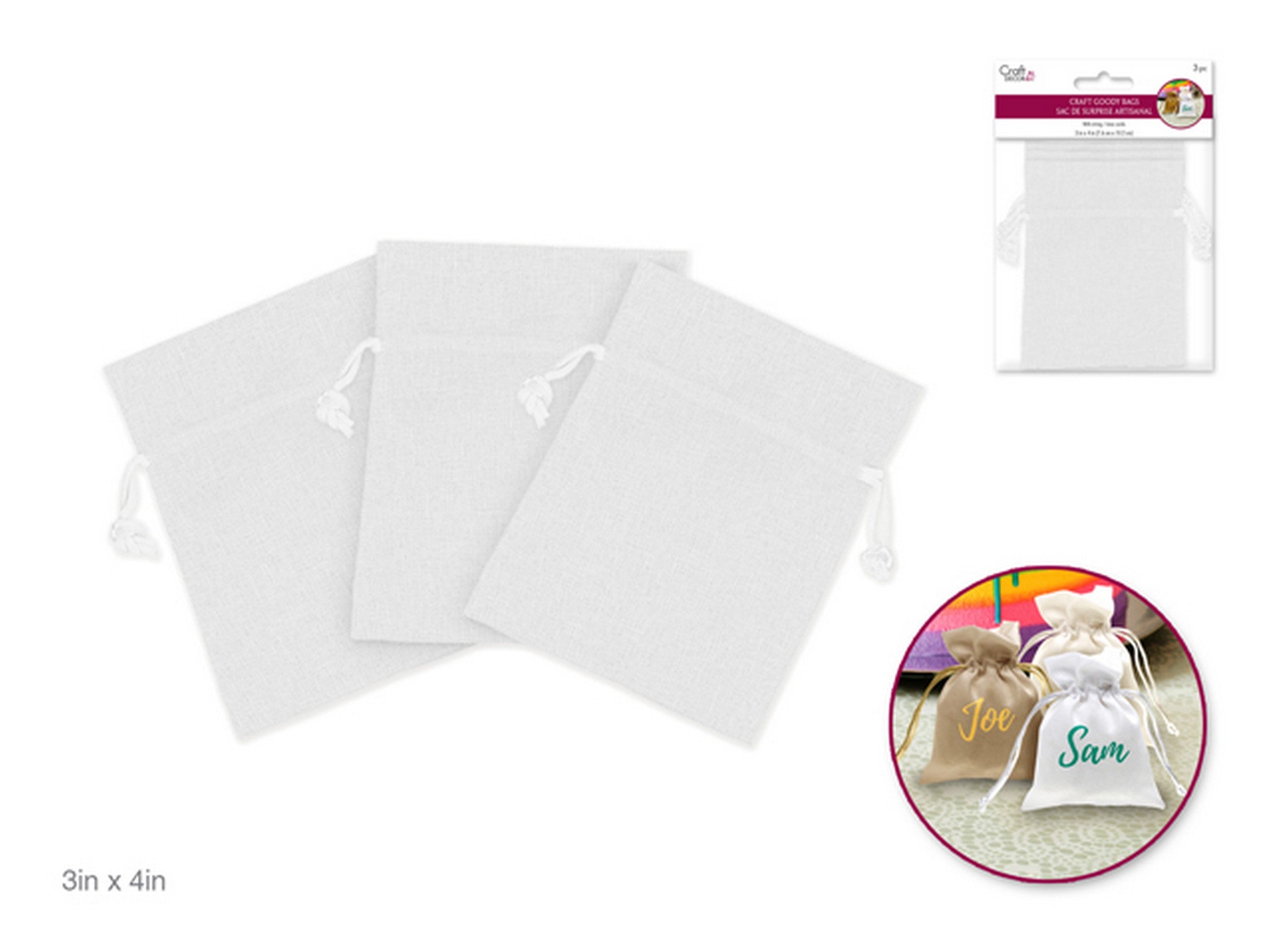 Craft Décor 3 Craft Goody White Fabric Bags with Rope Ties 3x4in