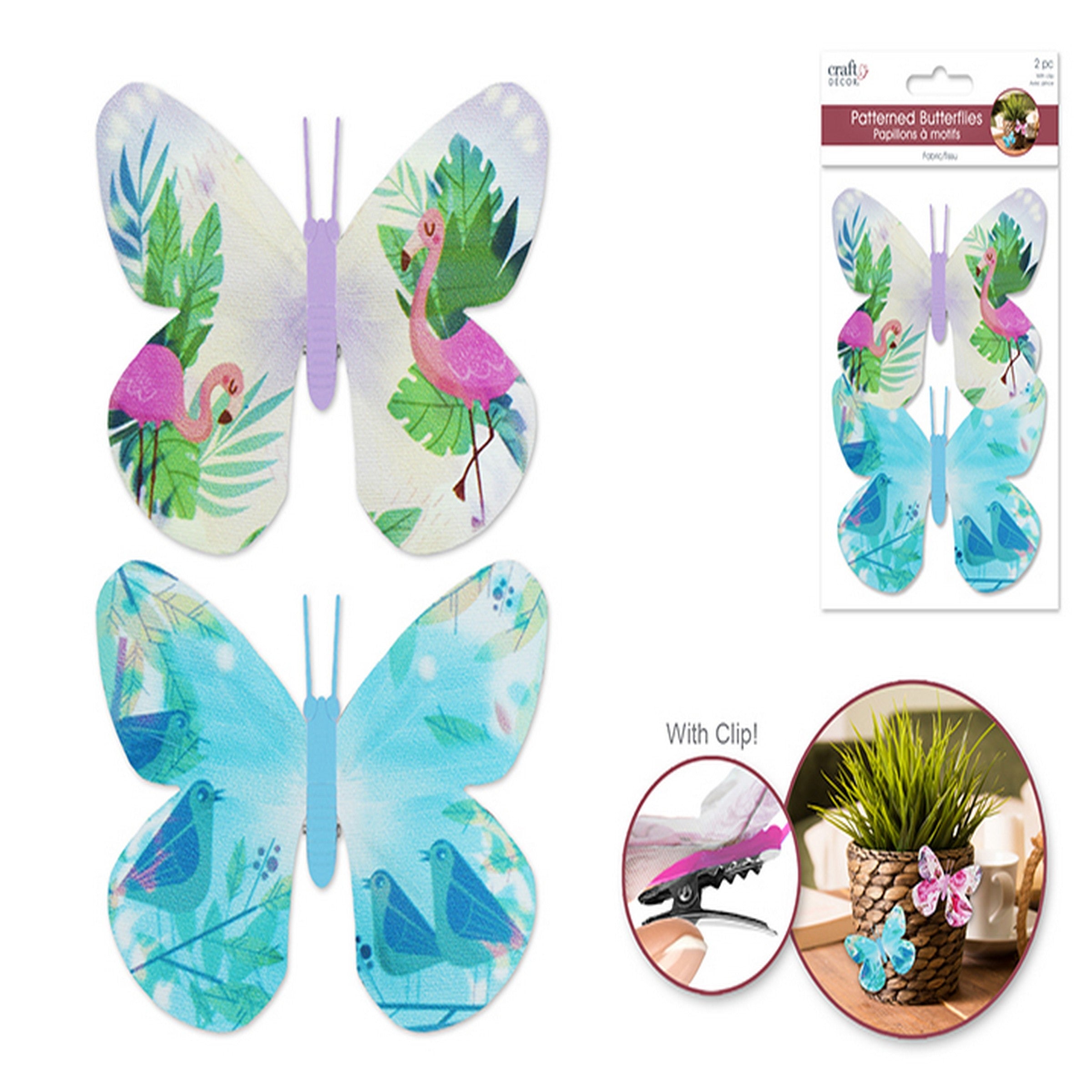 Craft Décor 2 Patterned Butterflies with Clip - Flamingo 3.9x3in