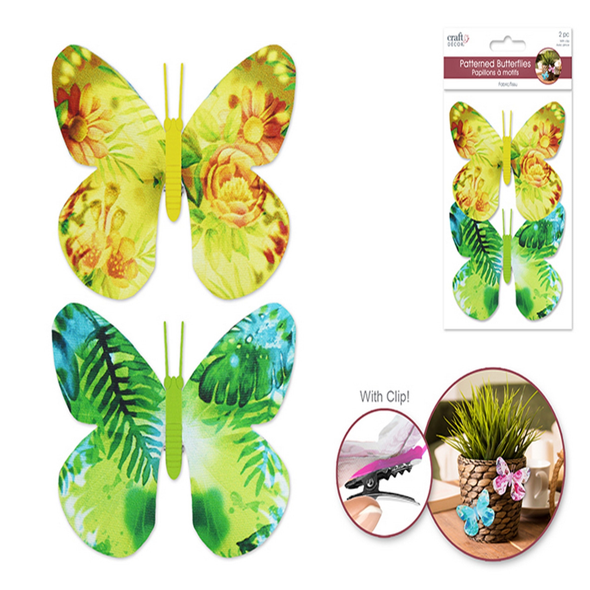 Craft Décor 2 Patterned Butterflies with Clip - Tropical 3.9x3in