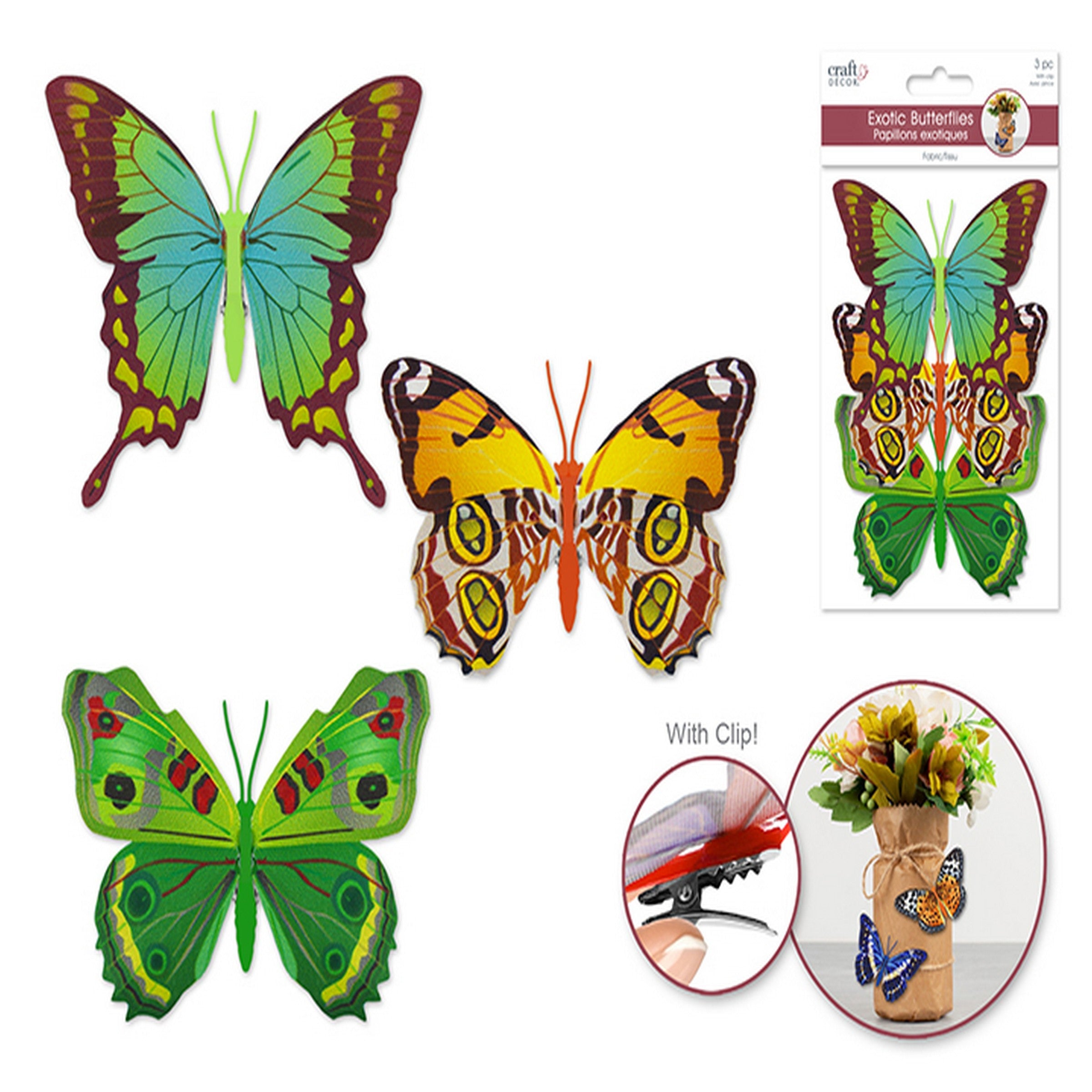 Craft Décor 3 Patterned Butterflies with Clip - Green 4.3x3.1in