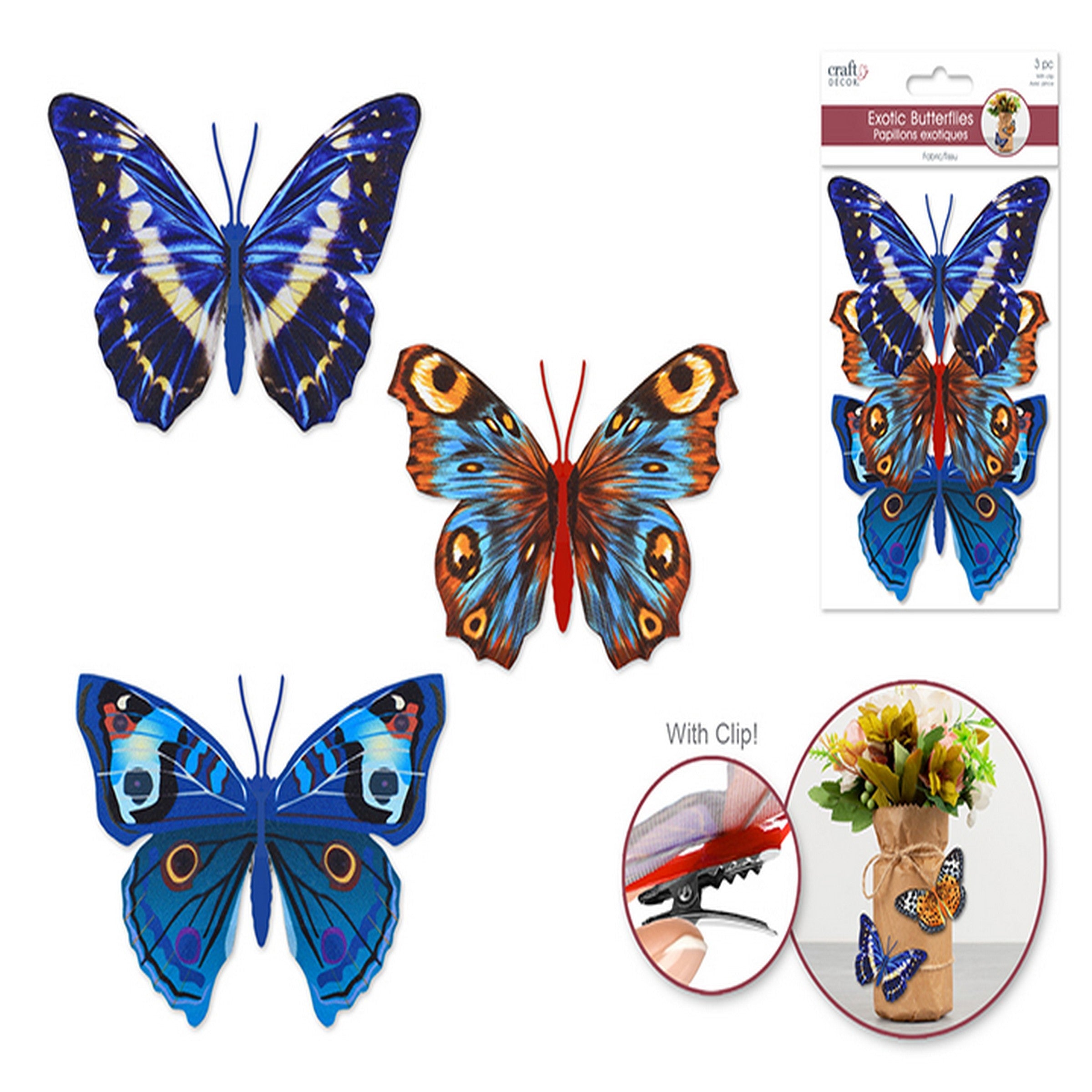 Craft Décor 3 Patterned Butterflies with Clip - Blue 4.3x3.1in