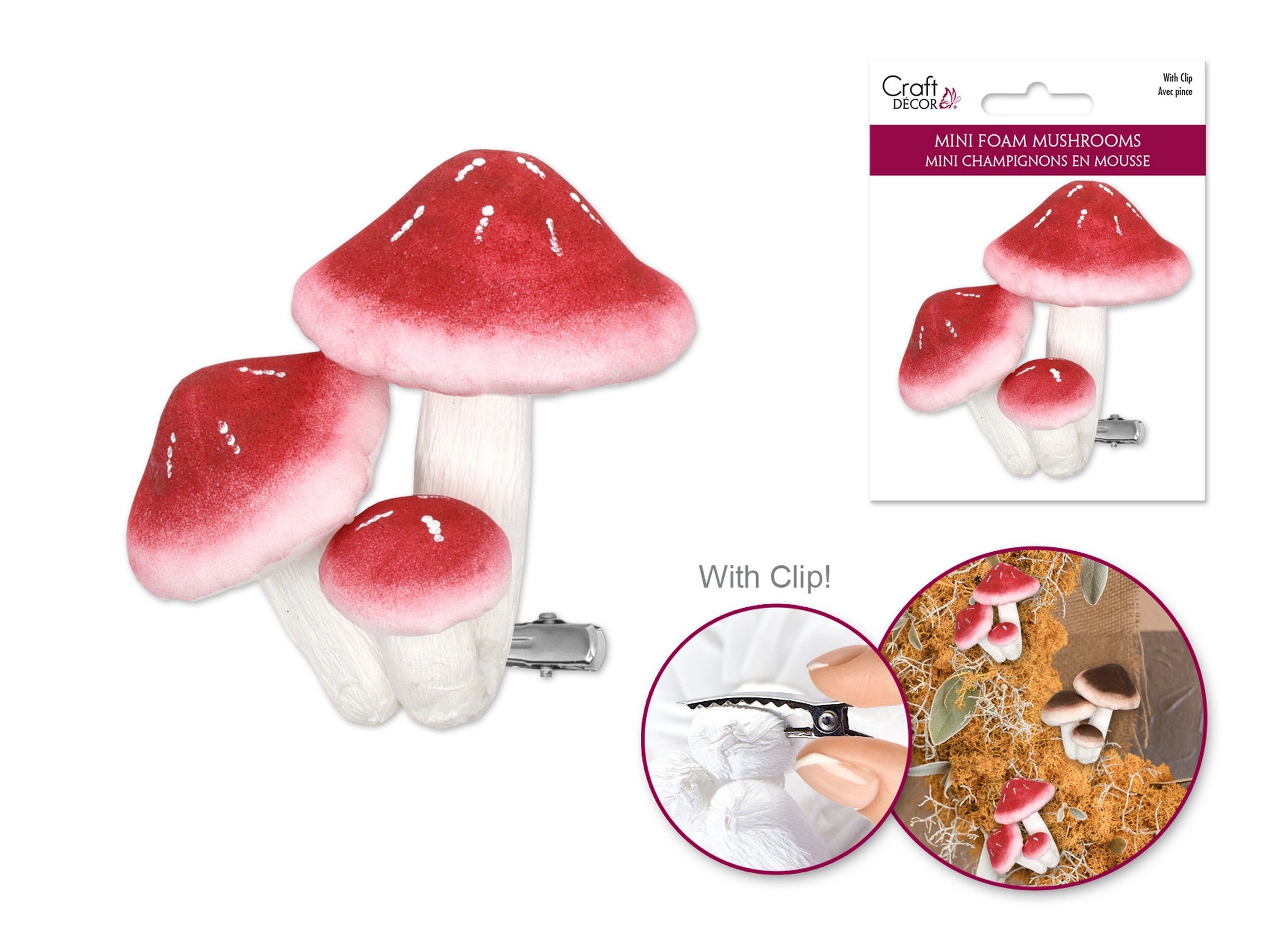 Craft Decor Red Foam Mushrooms with Clip 3x3in