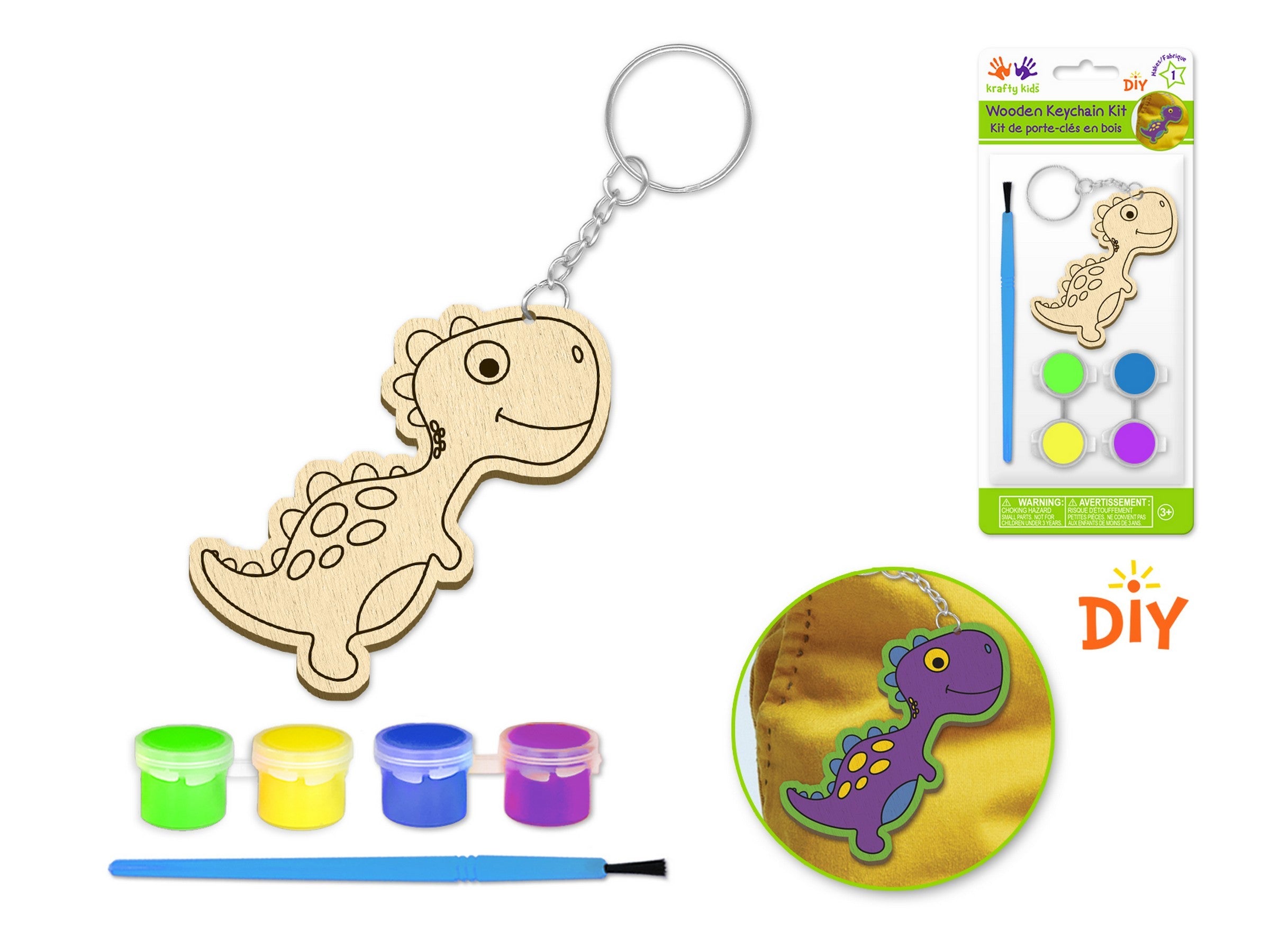 Krafty Kids DIY Wood Keychain Kit with Brush and 4 Paint Pots - Dino 2.6x1.75in