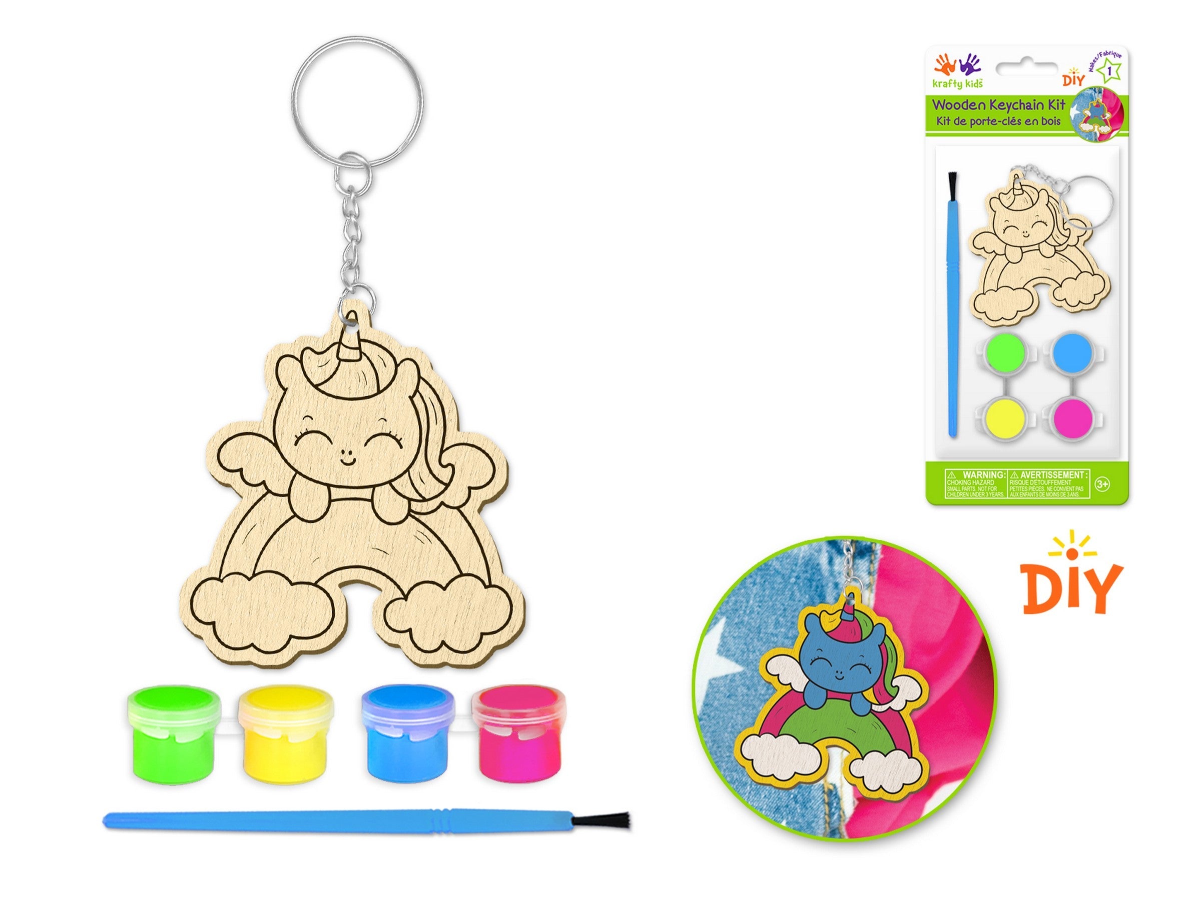 Krafty Kids DIY Wood Keychain Kit with Brush and 4 Paint Pots - Baby Unicorn 2.75x3in
