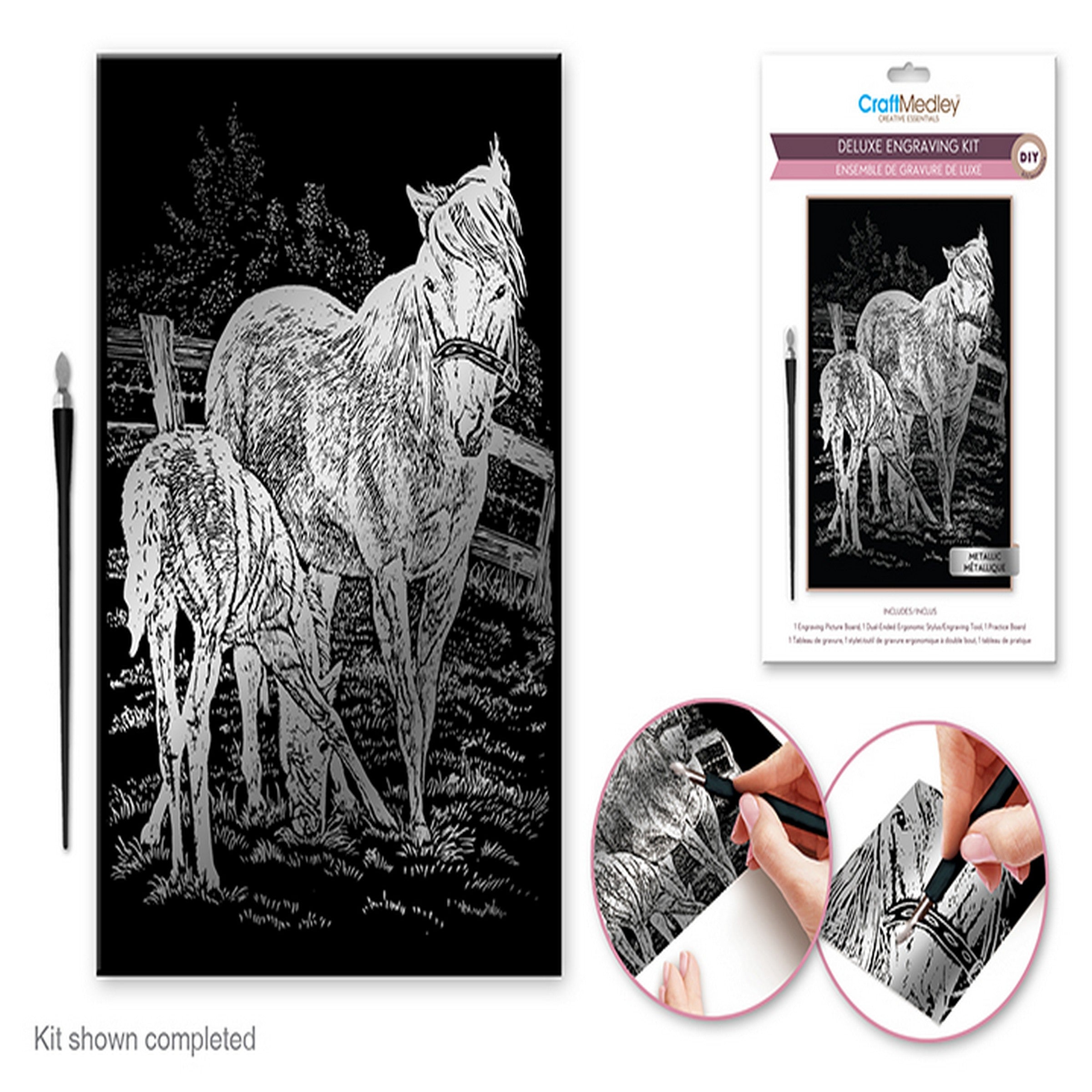 Craft Medley Deluxe Metallic Silver Engraving Art Kit - Horses 8x11.5in