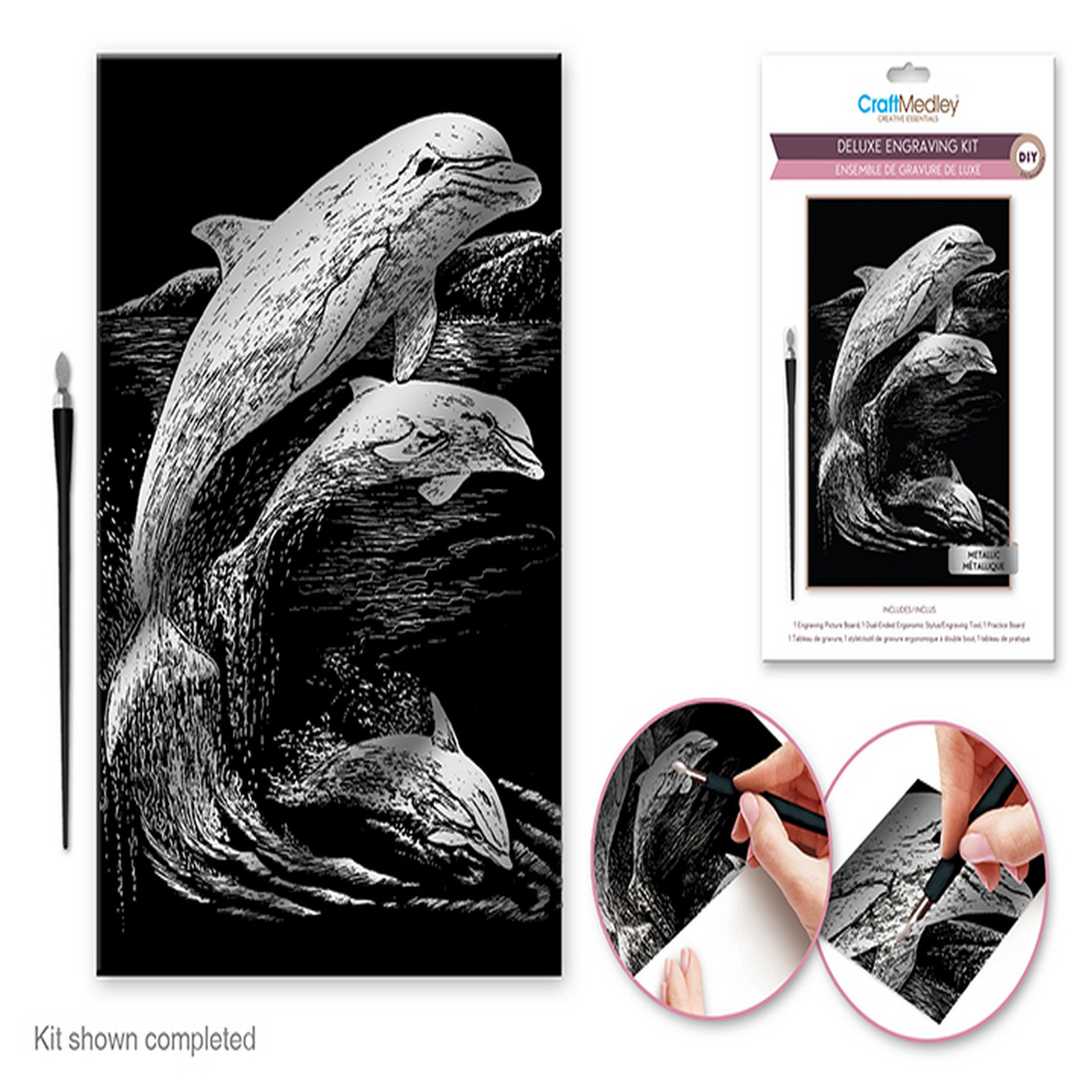 Craft Medley Deluxe Metallic Silver Engraving Art Kit - Dolphin 8x11.5in