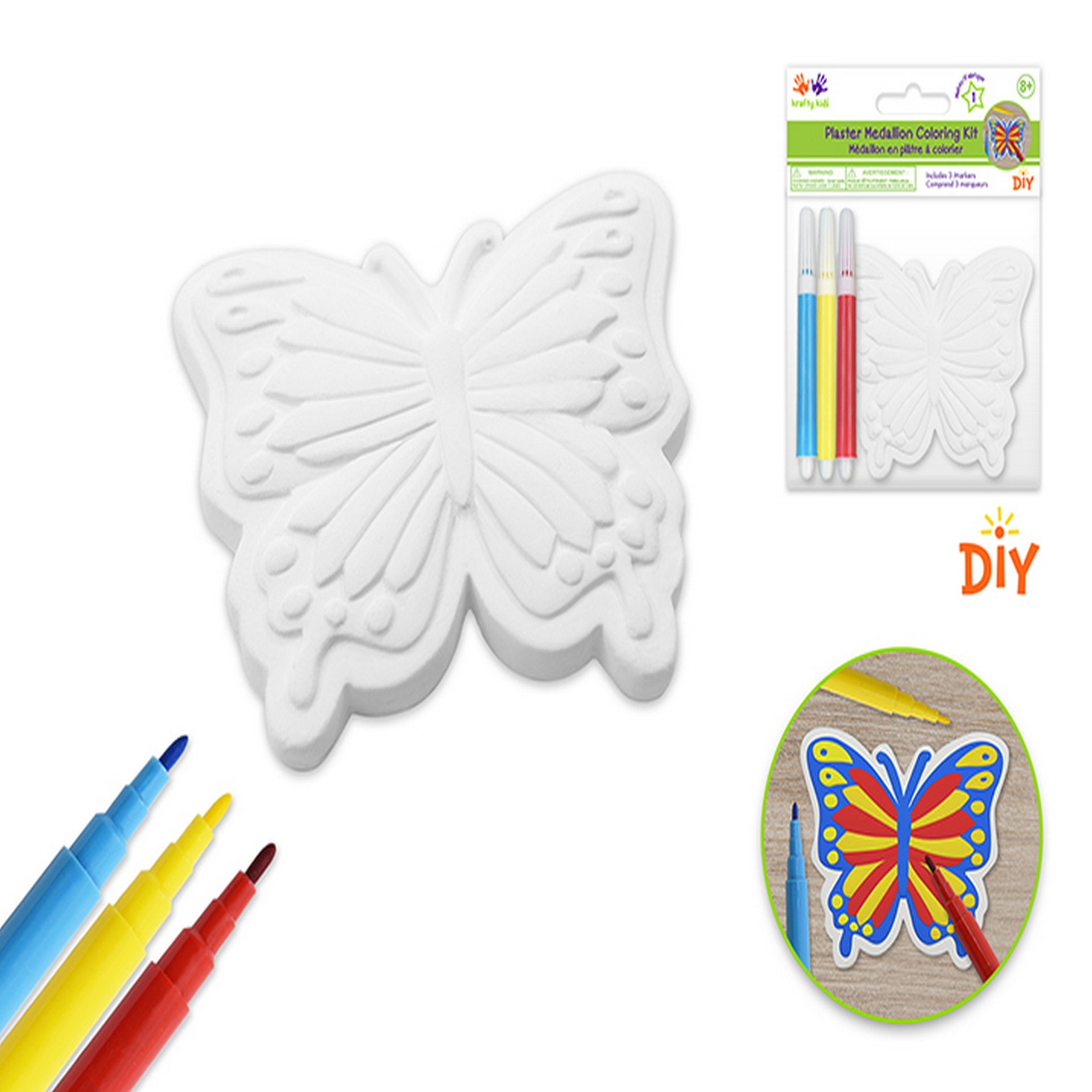 Krafty Kids Plaster Medallion Coloring Kit with 3 Markers - Butterfly 2.75in