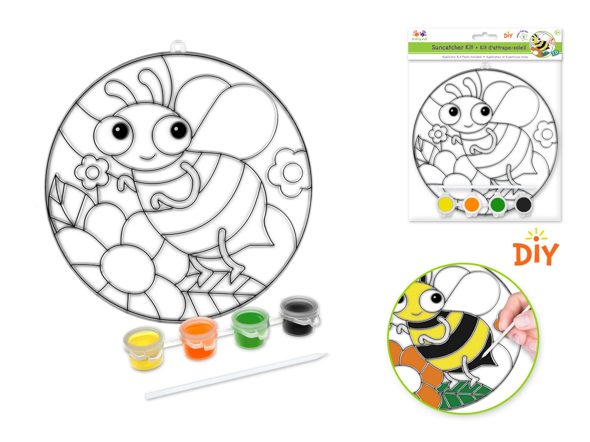 Krafty Kids 3D DIY Suncatcher Kit with Applicator and 4 Paint Pots - Bee 6.8in