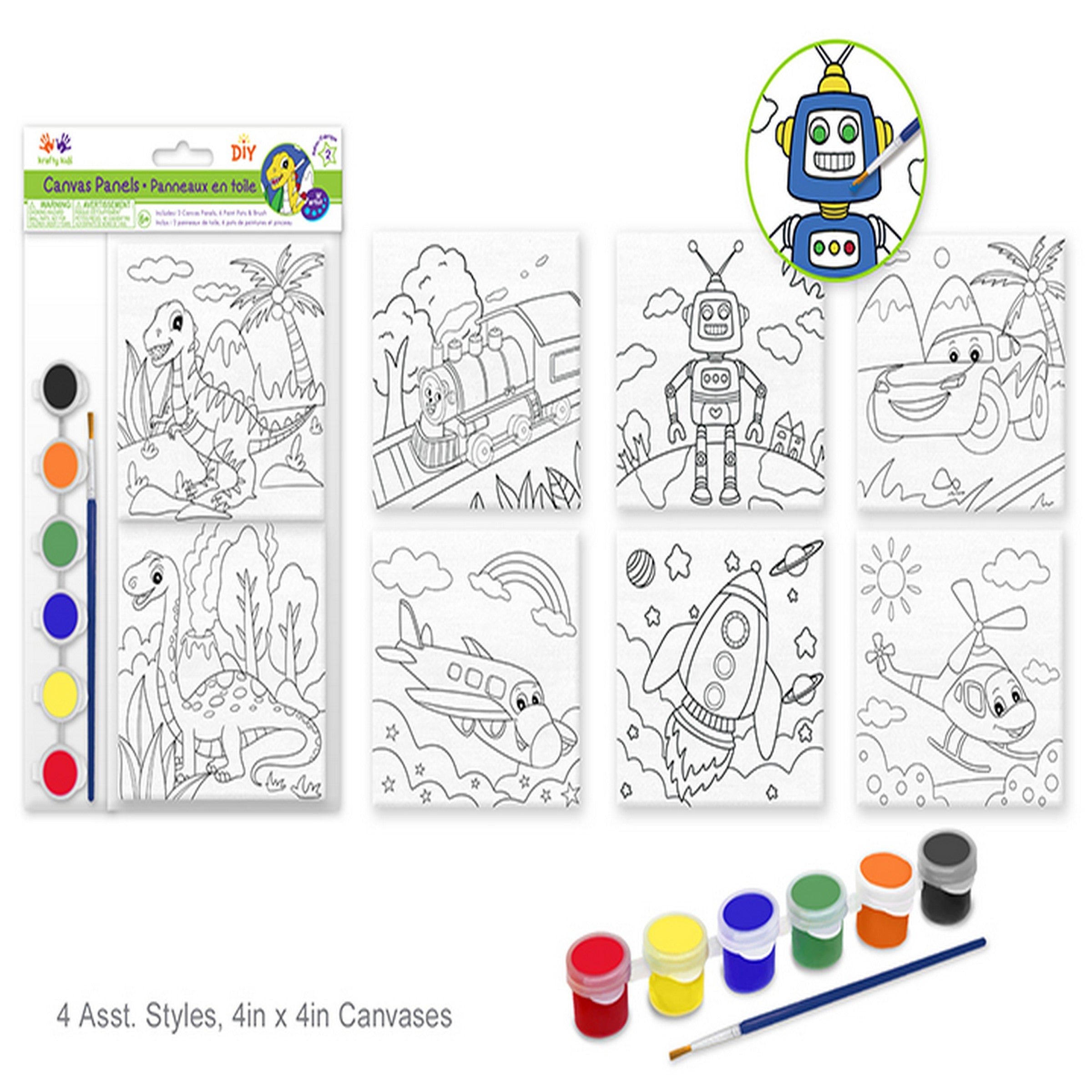 Krafty Kids 2 Printed Canvas Panels with Paint and Brush - Playtime 4x4in VRT