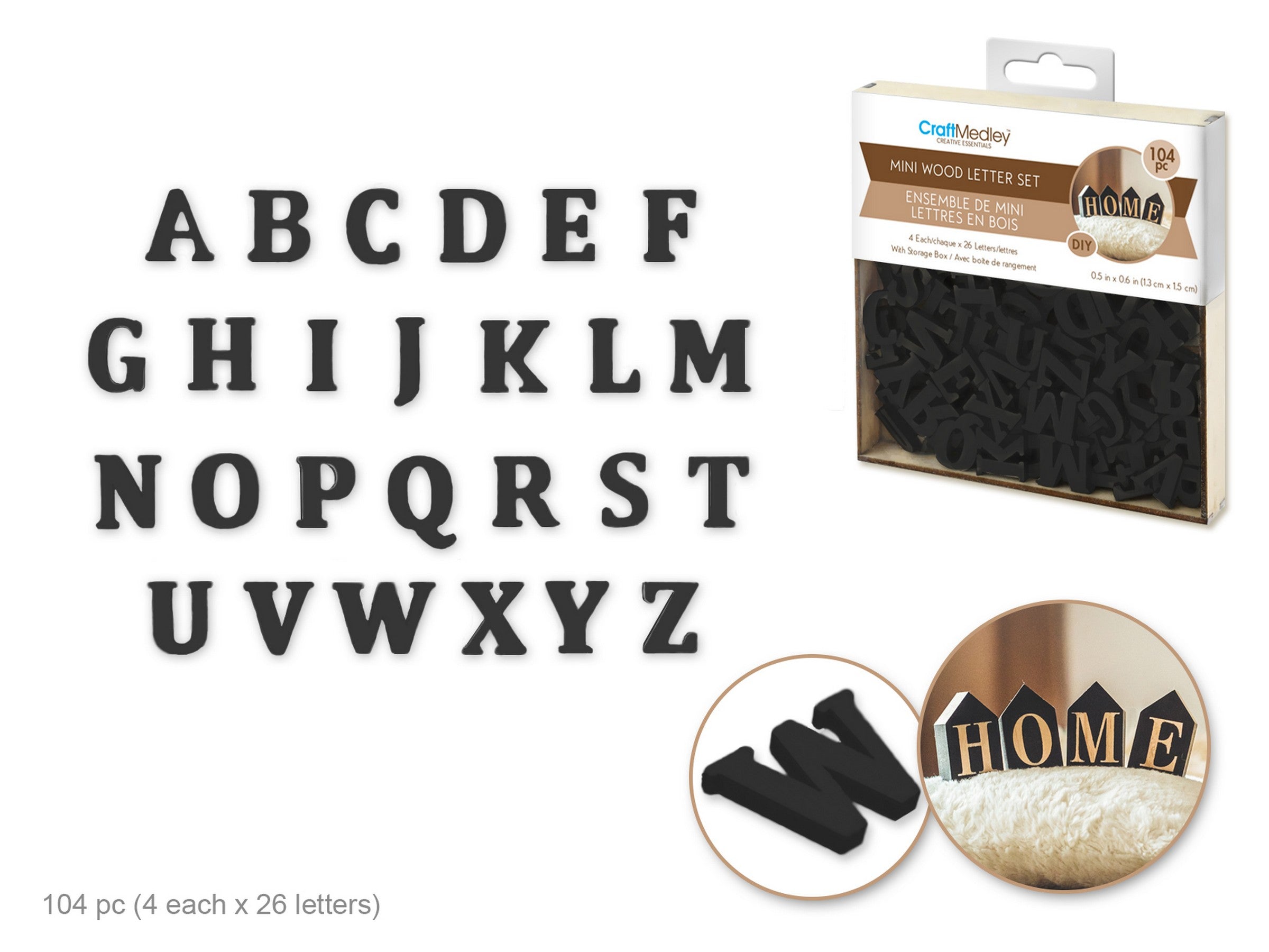 Craft Medley 104pcs Mini Wooden Letters Kit Black 4x4in box