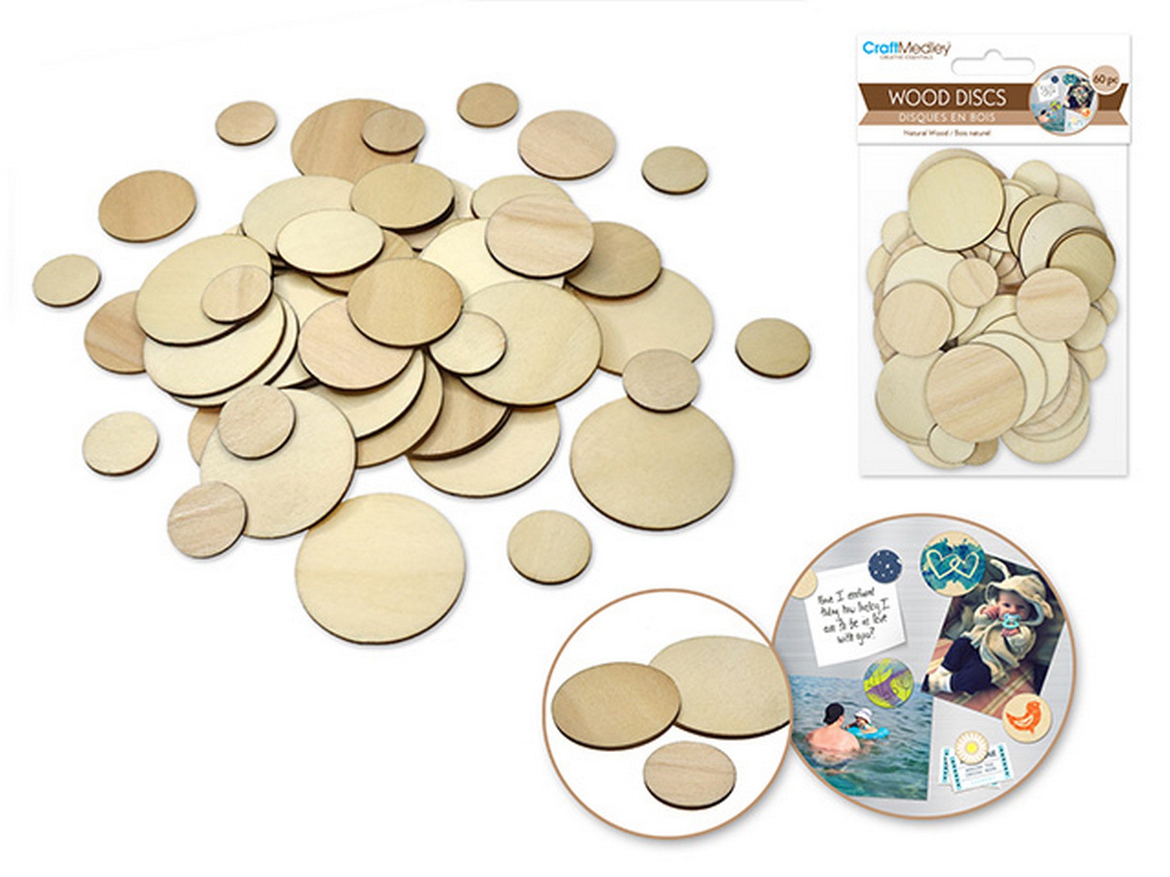 Craft Medley 60pcs Wood Bits Unpainted Disc 0.75 to 1.5in