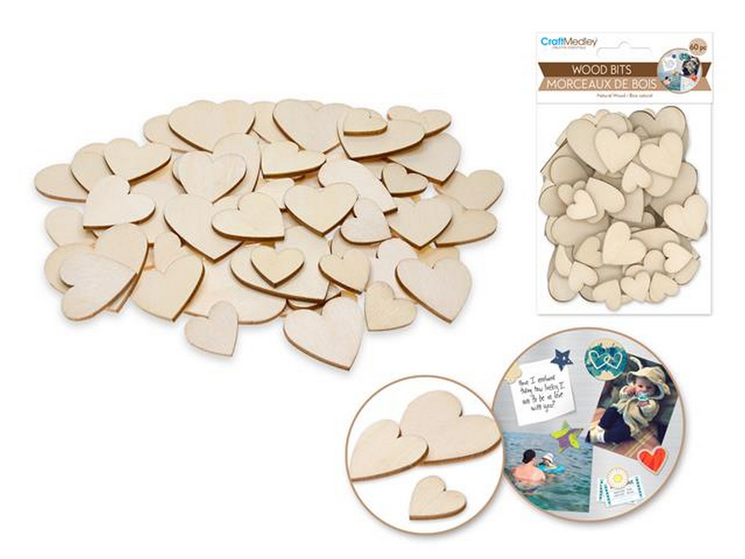 Craft Medley 60 Wooden Bits Hearts 0.75in to 1.5in