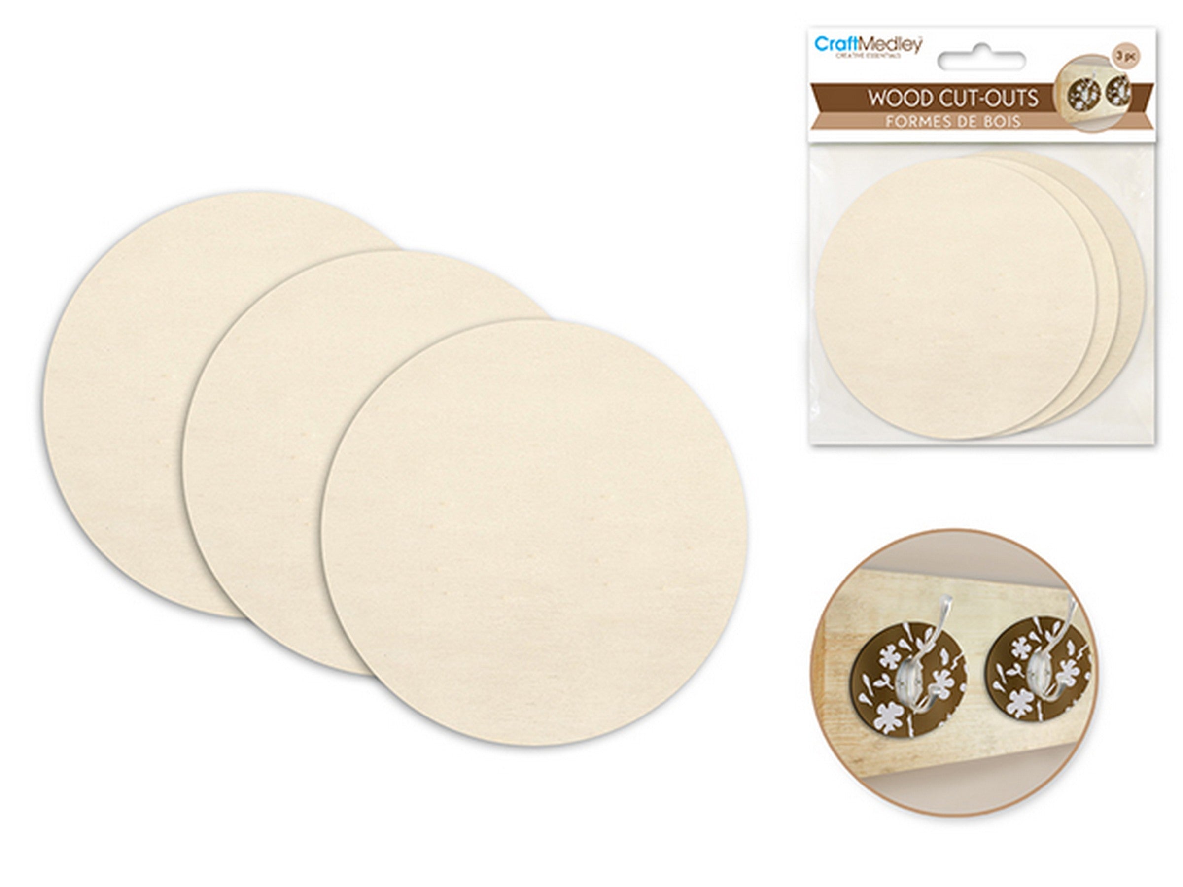 Craft Medley 3 Wood Cut-outs Unpainted Circle 3.4in dia.