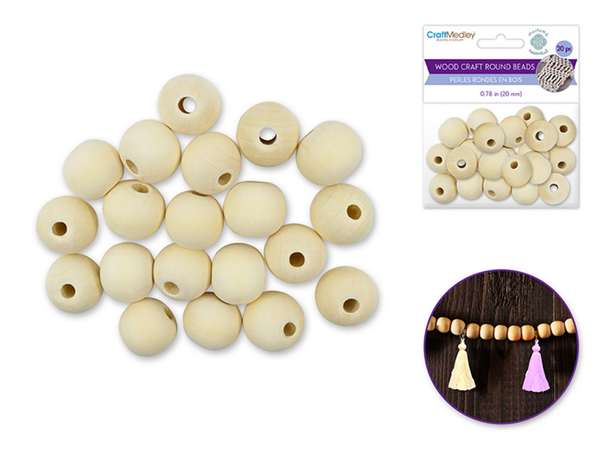 Beading and Jewelry 20 Round Wooden Beads Natural 0.78in