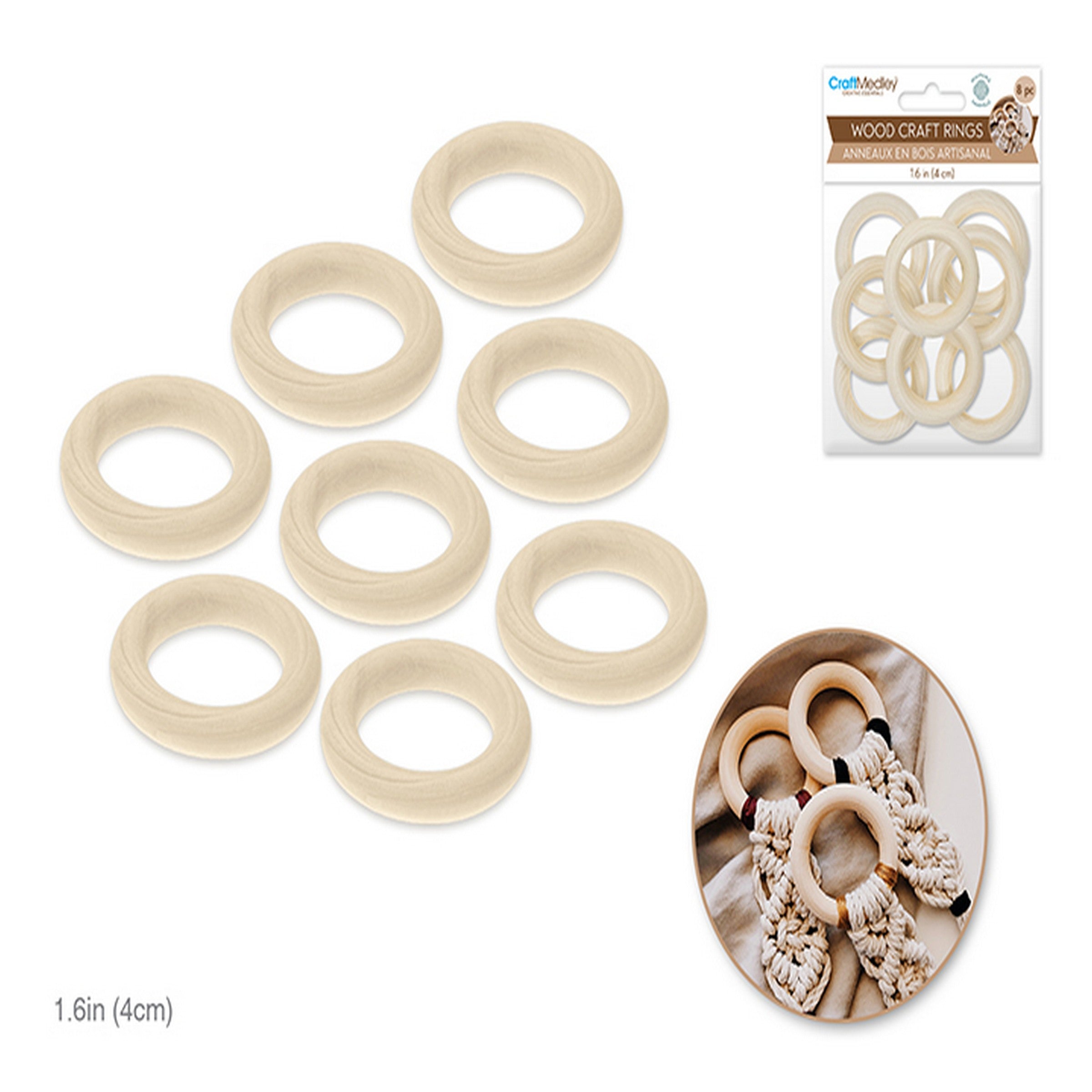 Craft Medley 8 Wooden Rings Natural 1.6in