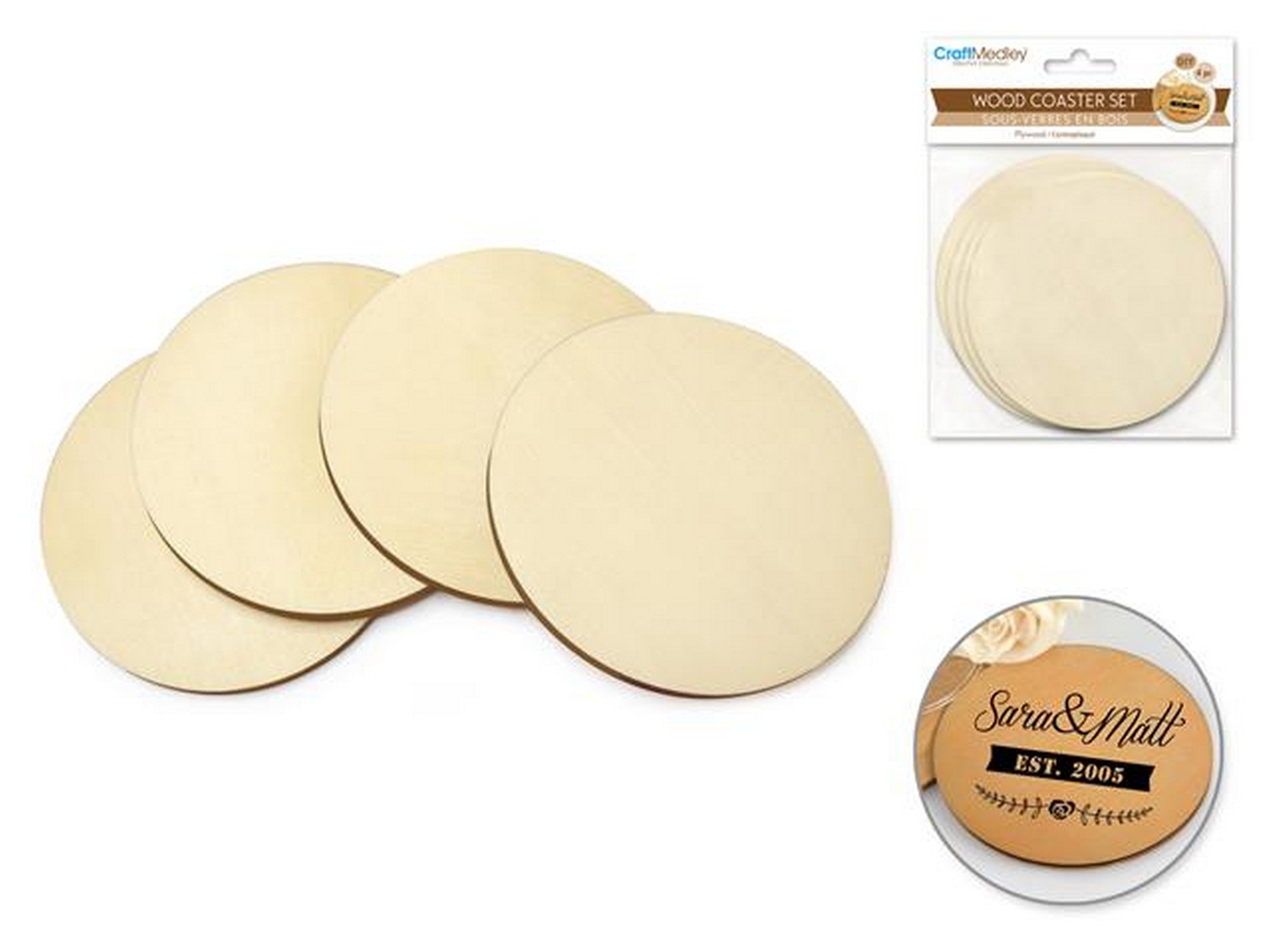 Craft Medley 4pcs Wood Coaster Set Plywood Unpainted Round 3.75in
