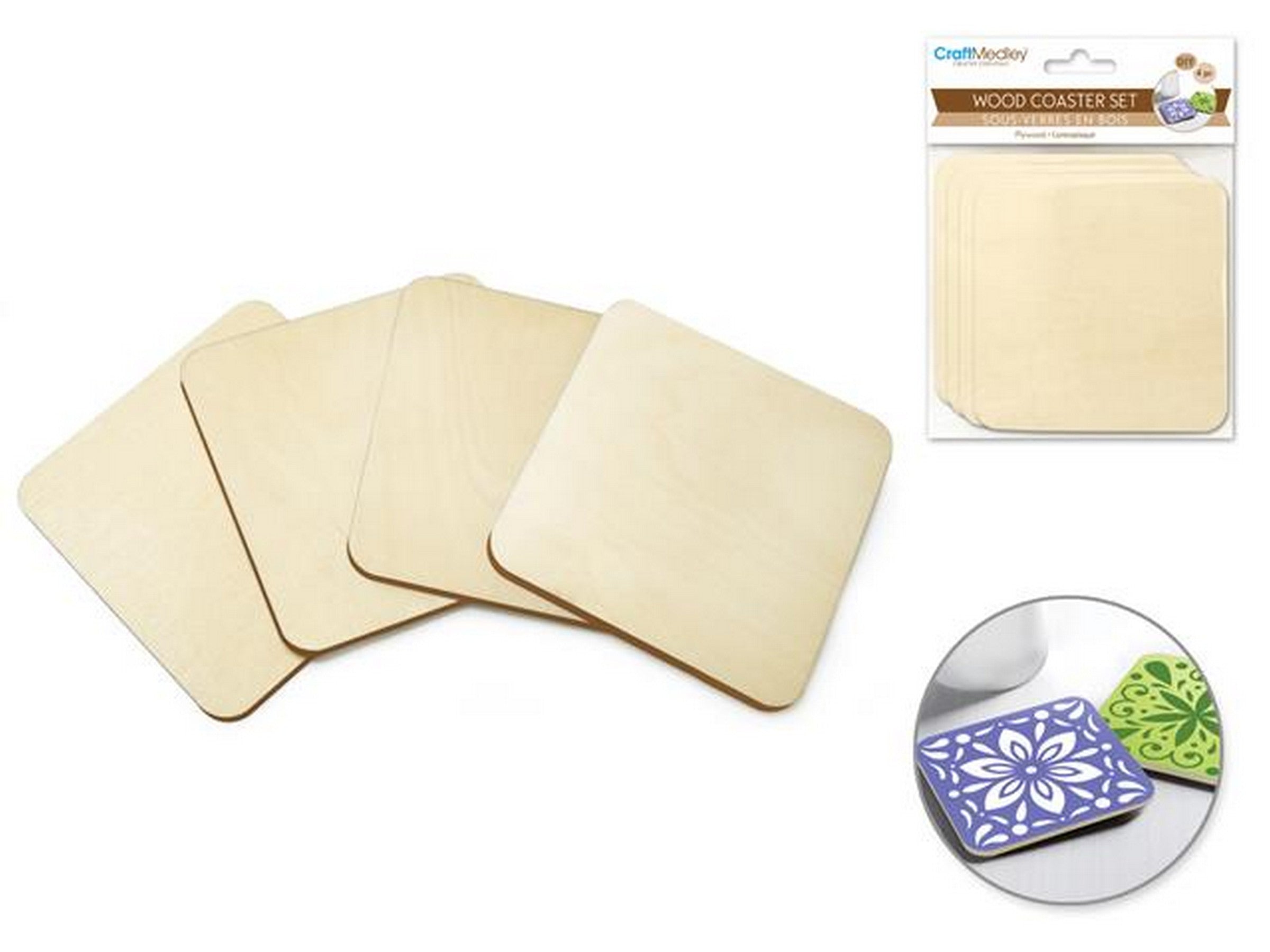 Craft Medley 4pcs Wood Coaster Set Plywood Unpainted Square 3.7x3.7in