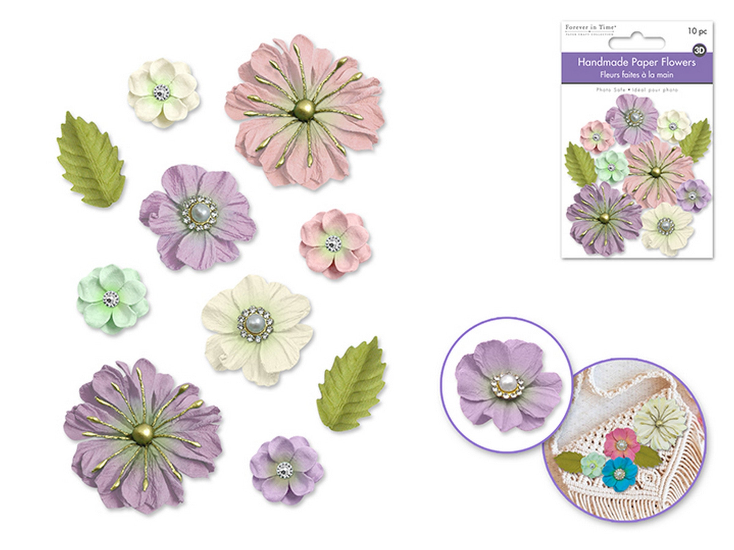 Forever in Time Handmade Paper Flowers with Pearls and Filigree 10pcs - Pastel Blend 0.8in - 1.8in